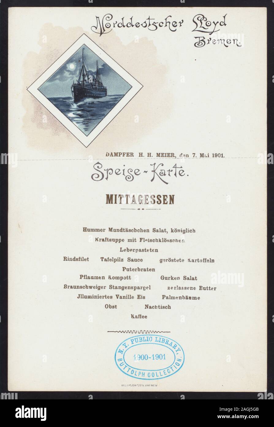 MENU IN GERMAN; INSET OF STEAMER; BACK OF MENU FOR USE AS POSTCARD Citation/Reference: 1901-1176; MIDDAY DINNER [held by] NORDDEUTSCHER LLOYD BREMEN [at] EN ROUTE ABOARD DAMPFER H.H. MEIER (SS;) Stock Photo