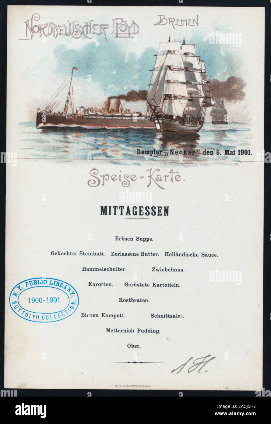 MENU IN GERMAN; COLORED ILLUSTRATION OF STEAMER AND SAILBOAT; BACK OF MENU FOR USE AS POSTCARD Citation/Reference: 1901-1161; MIDDAY DINNER [held by] NORDDEUTSCHER LLOYD BREMEN [at] EN ROUTE ABOARD DAMPFER NECKER (SS;) Stock Photo
