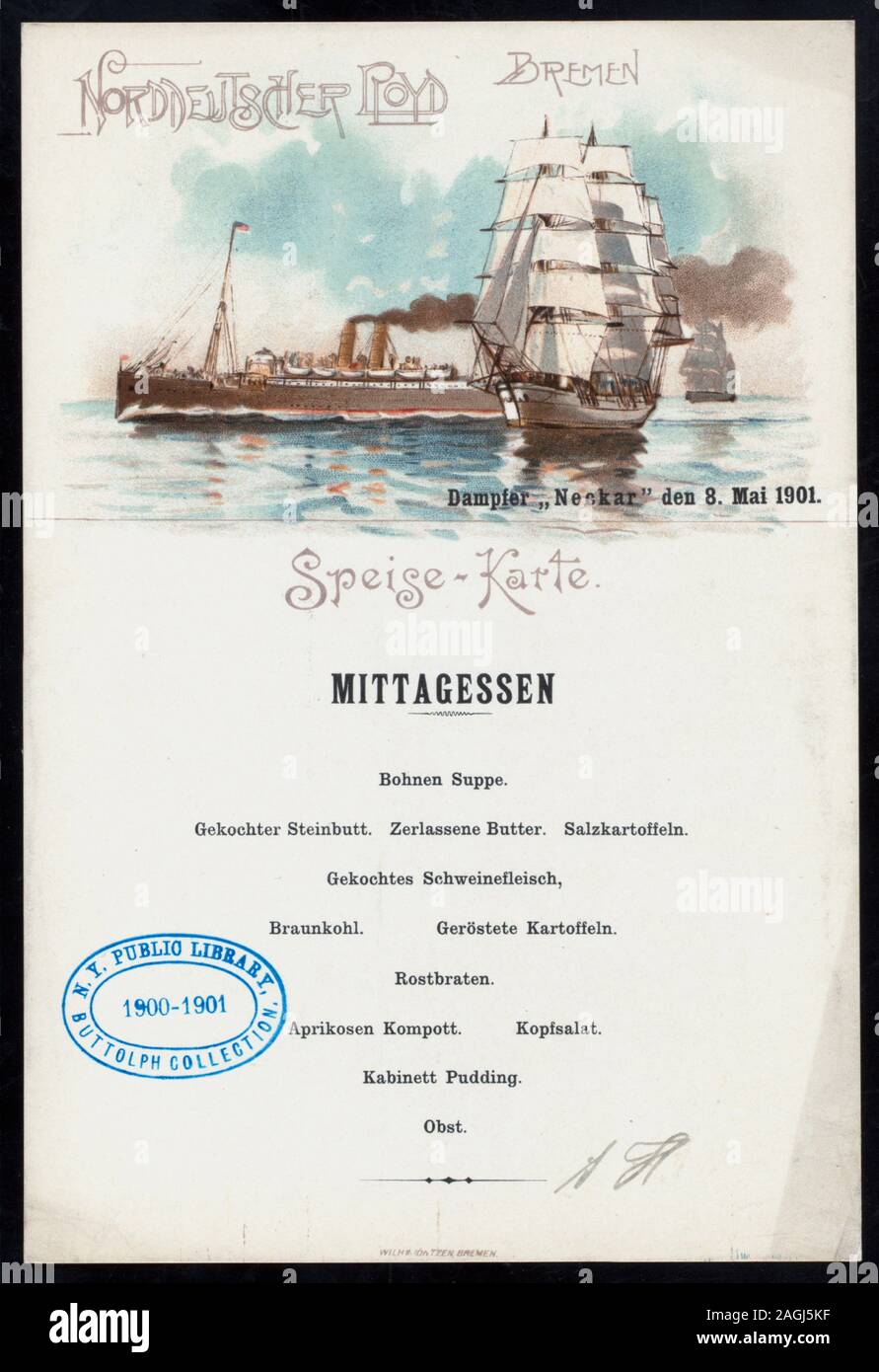 MENU IN GERMAN; COLORED ILLUSTRATION OF STEAMER AND SAILBOAT; BACK OF MENU FOR USE AS POSTCARD Citation/Reference: 1901-1186; MIDDAY DINNER [held by] NORDDEUTSCHER LLOYD BREMEN [at] EN ROUTE ABOARD DAMPFER NECKER (SS;) Stock Photo
