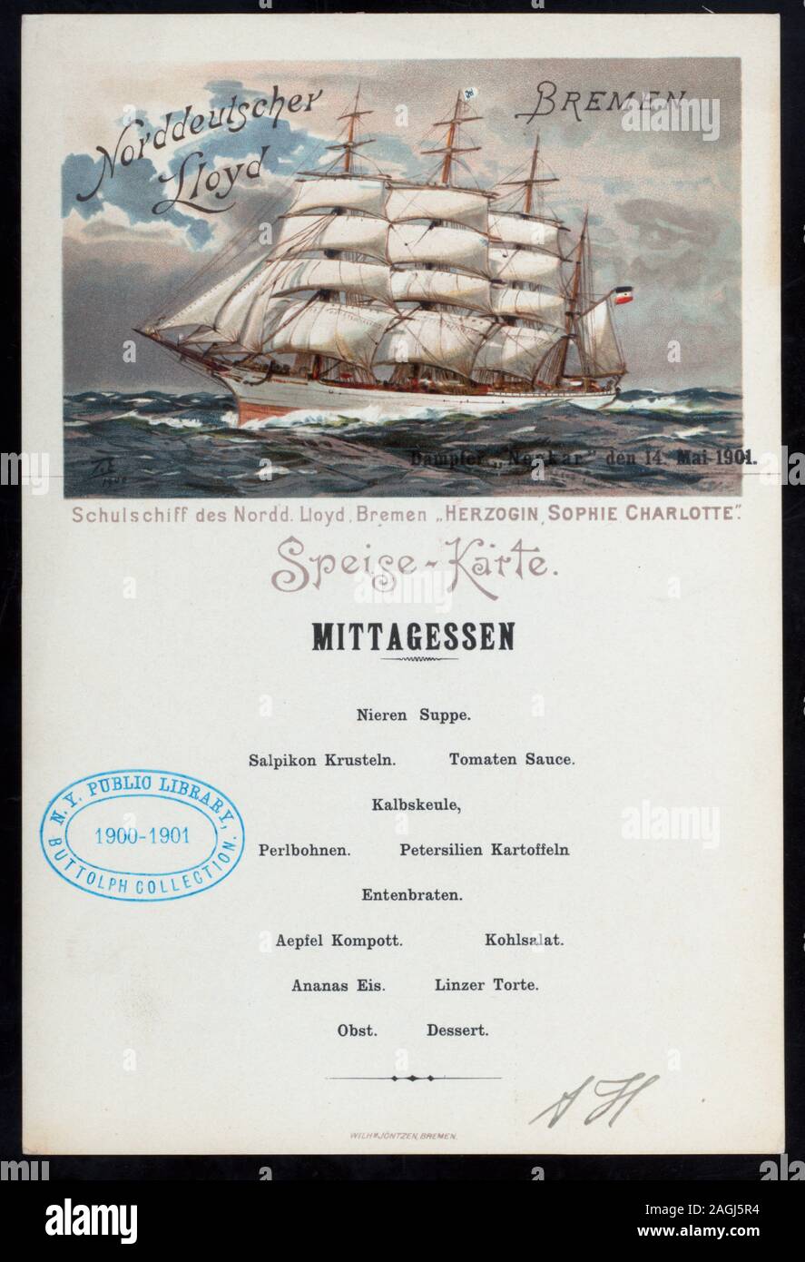 Menu In German Only Illustration Of Schulschiff Herzogin Sophie Charlotte Back Of Card Printed As Postcard For Mailing Citation Reference 1901 1286 Midday Meal Held By Norddeutscher Lloyd Bremen At En Route Aboard Dampfer