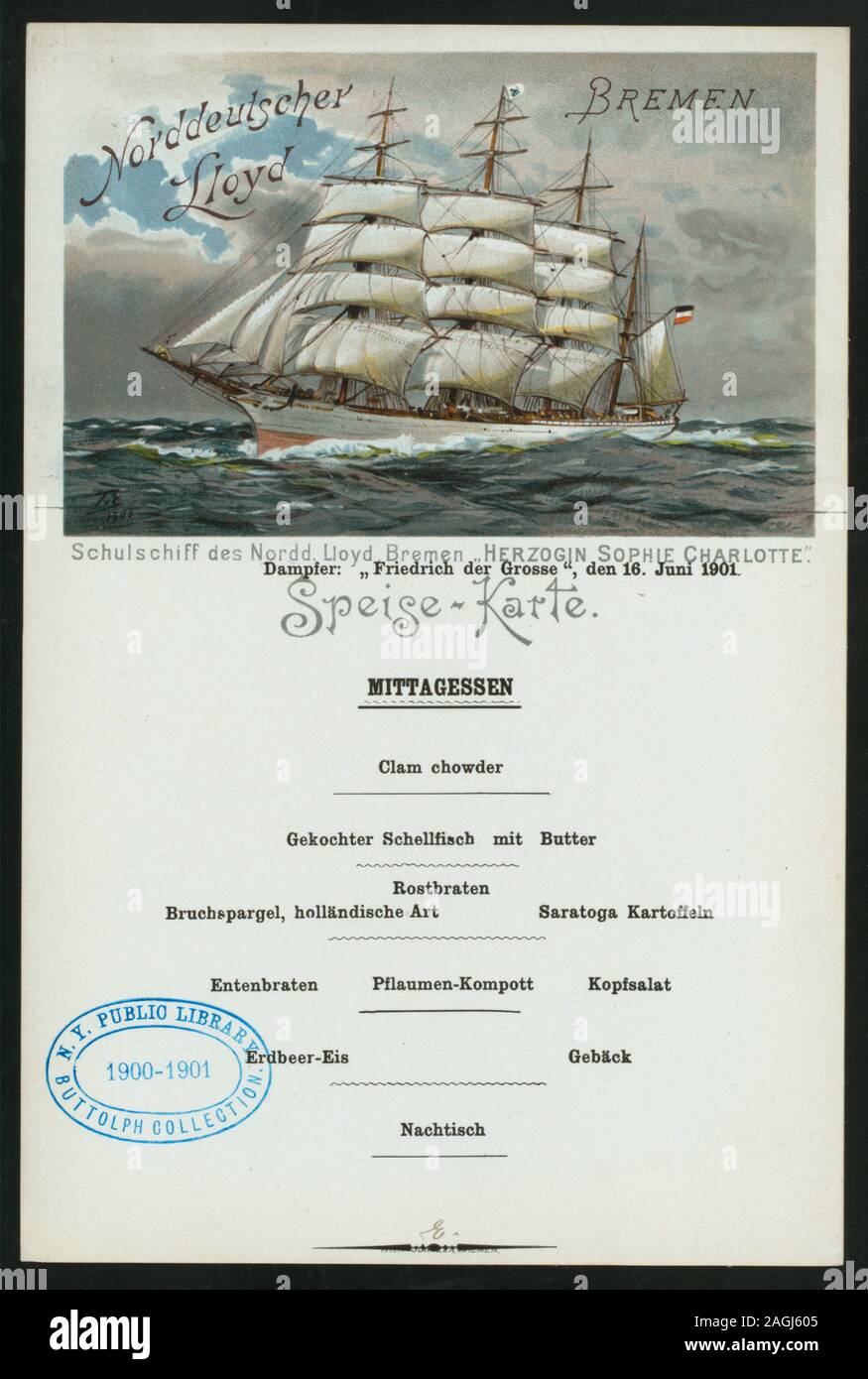 GERMAN ONLY; ILLUSTRATION OF LARGE SAILBOAT AT SEA; COULD POSSIBLY BE MEAL OF ANOTHER CLASS; ALSO A POSTCARD Citation/Reference: 1901-1672; MITTAGESSEN [held by] NORDDEUTSCHER LLOYD BREMEN [at] SS FRIEDRICH DER GROSSE (SS;) Stock Photo