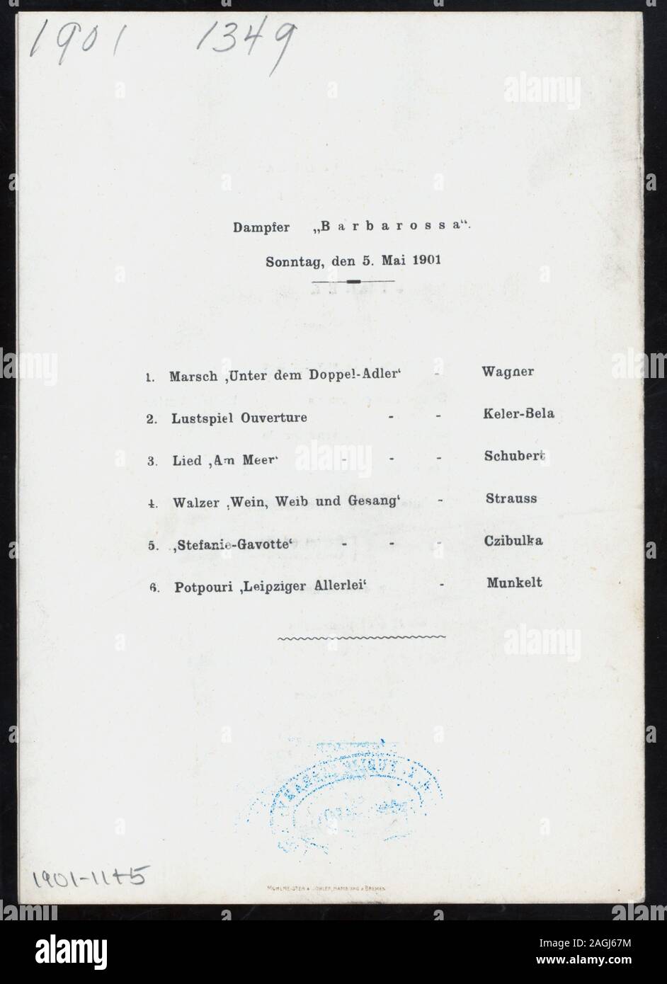 GERMAN & ENGLISH; ILLUSTRATION OF MYTHICAL FIGURES; SEAFARING INSIGNIA; CONCERT PROGRAMM ON BACK COVER Citation/Reference: 1901-1145; MITTAGESSEN - DINNER [held by] NORDDEUTSCHER LLOYD BREMEN [at] DAMPFER BARBAROSSA (SS;) Stock Photo