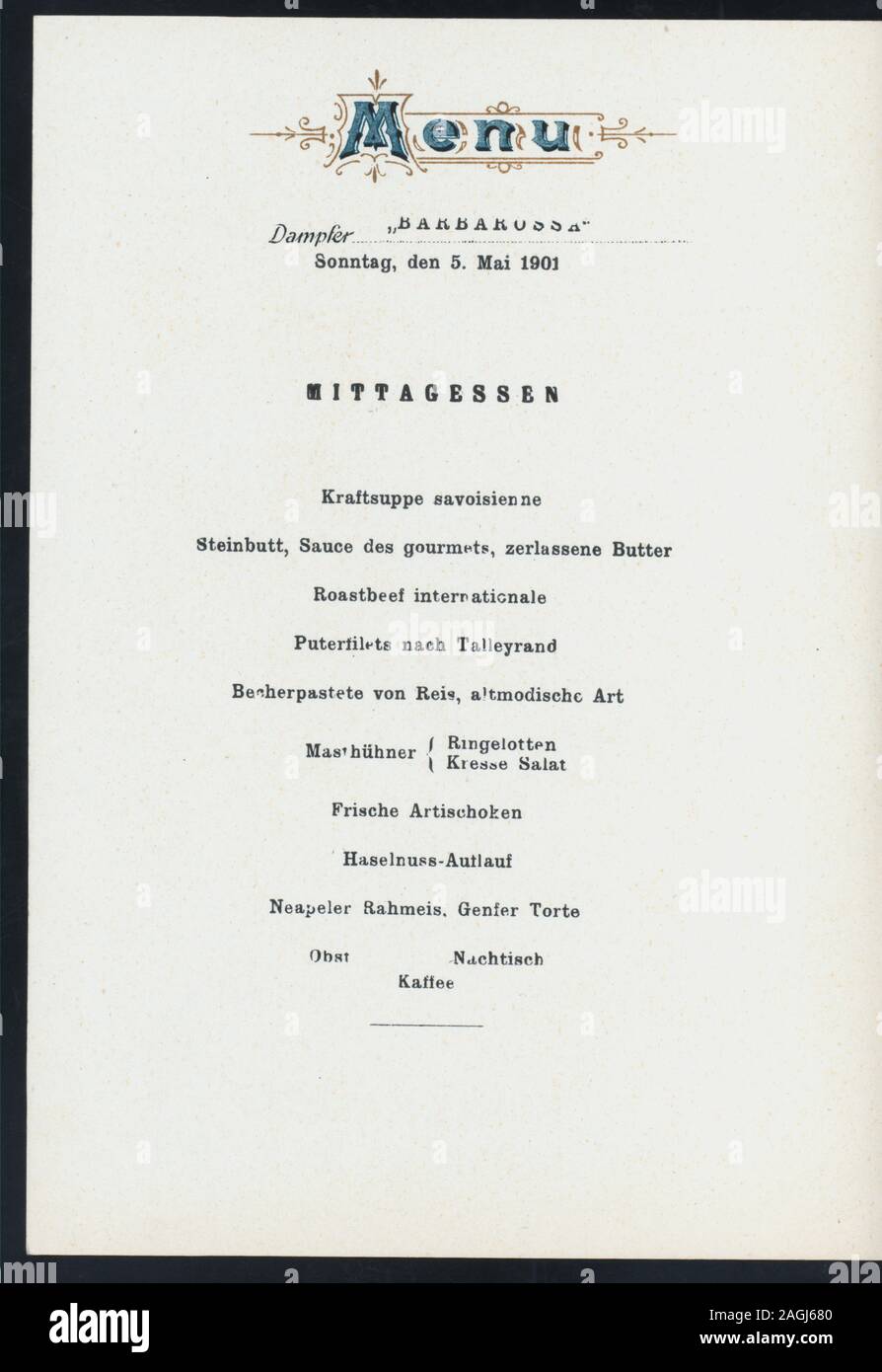 GERMAN & ENGLISH; ILLUSTRATION OF MYTHICAL FIGURES; SEAFARING INSIGNIA; CONCERT PROGRAMM ON BACK COVER Citation/Reference: 1901-1145; MITTAGESSEN - DINNER [held by] NORDDEUTSCHER LLOYD BREMEN [at] DAMPFER BARBAROSSA (SS;) Stock Photo