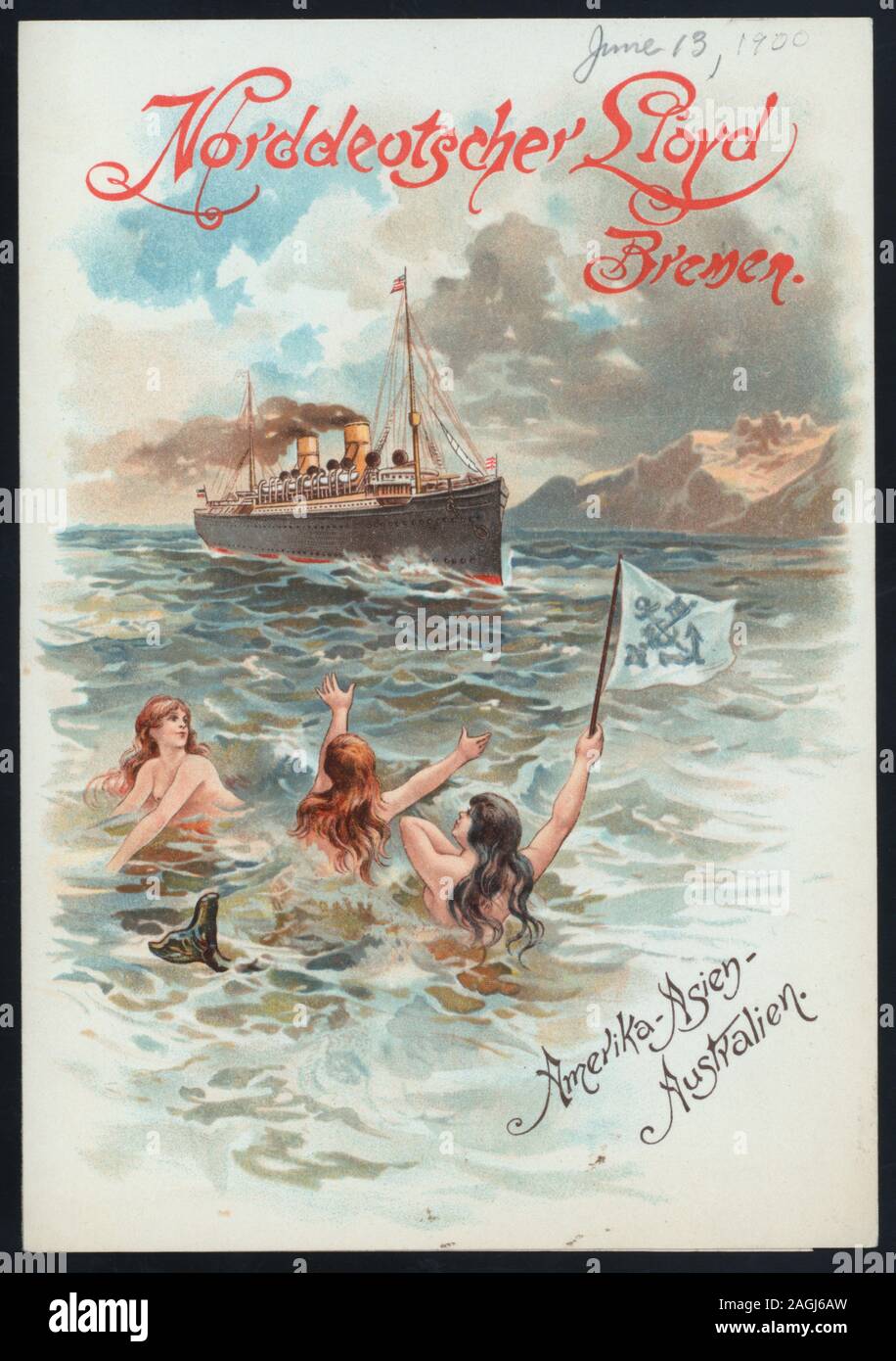 COVER ILUS STEAMSHIP, THREE MERMAIDS, ONE WAVING FLAG WITH ANCHOR; ICEBERG IN BACKGROUND; CONCERT PROGRAMME ON REAR COVER;; MITTAGESSEN/DINNER [held by] NORDDEUTSCHER LLOYD BREMEN [at] SS LAHN (SS;) Stock Photo