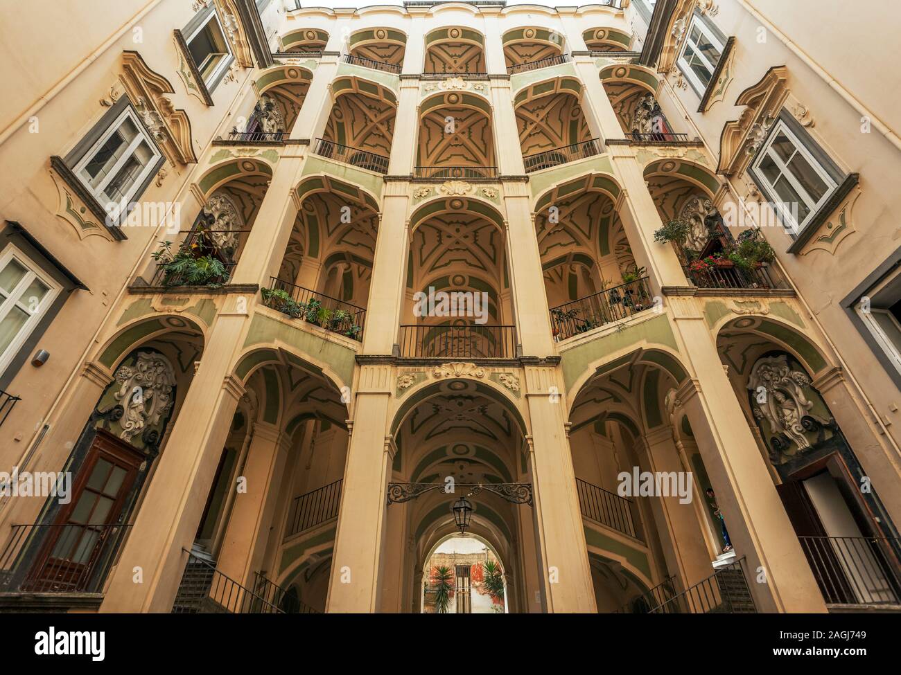 Famous double-flight staircase in the Palazzo dello Spagnolo, Naples, designed by the Baroque architect Ferdinando Sanfelice, Rione Sanità, Naples cit Stock Photo