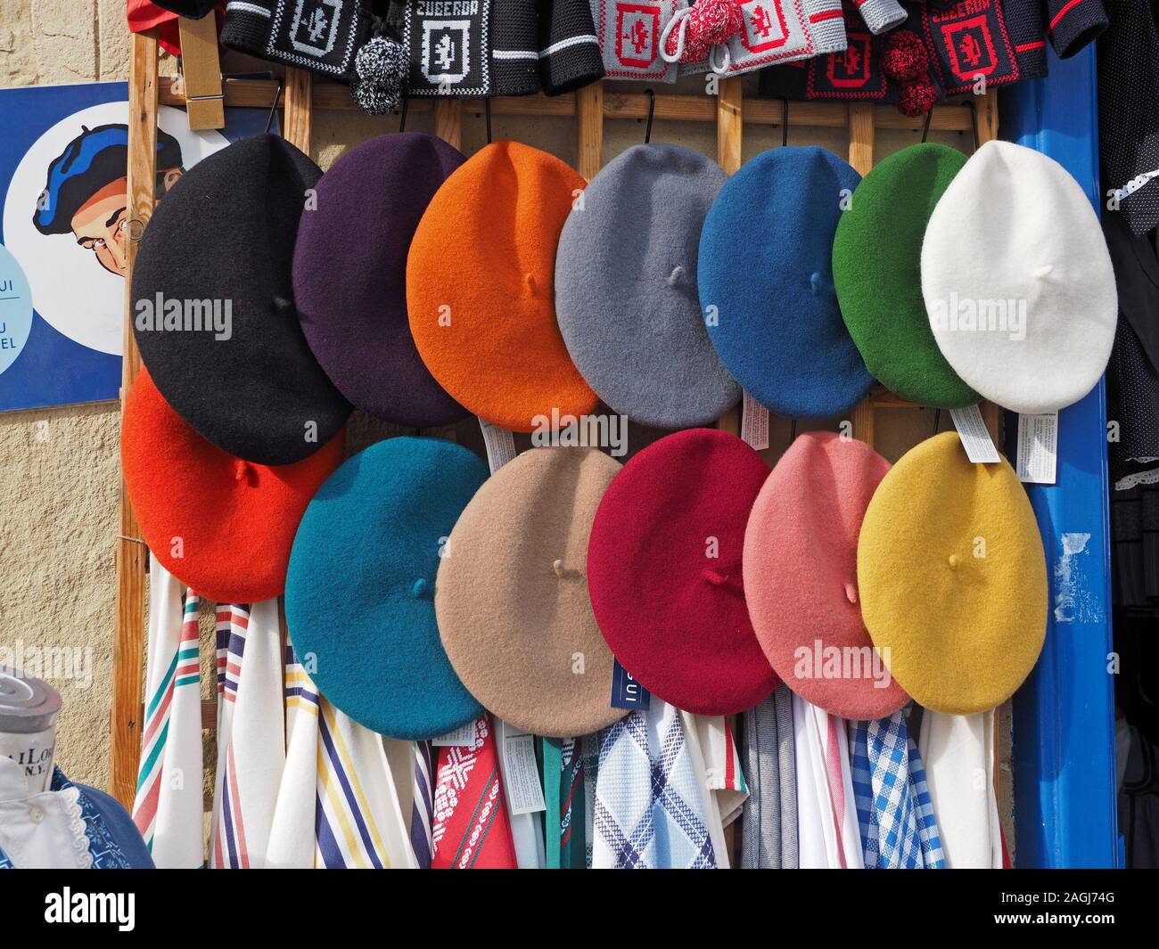 selection of colourful Basque berets on wooden display frame outside  tourist gift shop in San Sebastian, Northern Spain, Europe Stock Photo -  Alamy