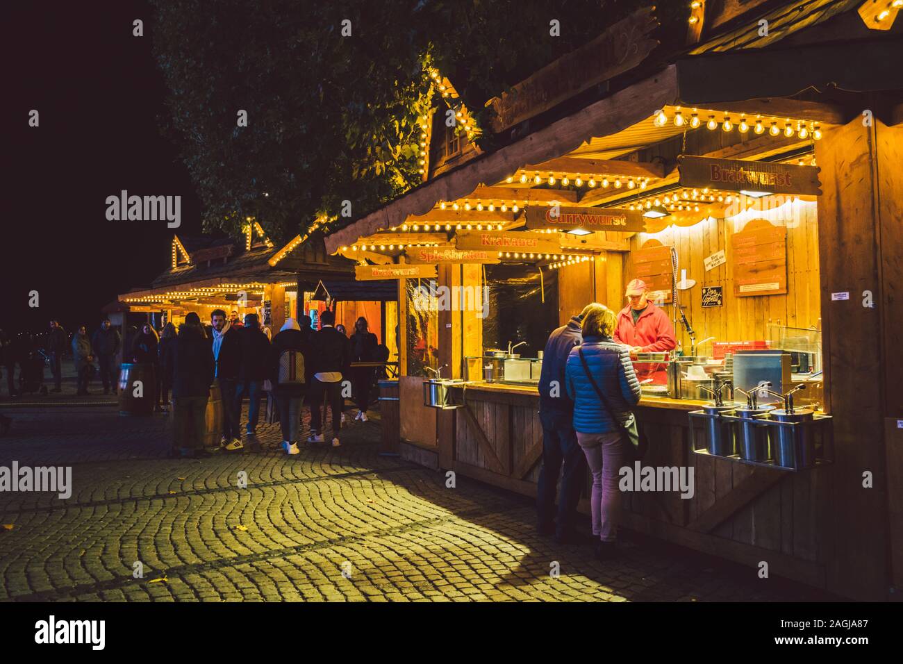 Kiosks with traditional food in the Christmas market of dusseldorf
