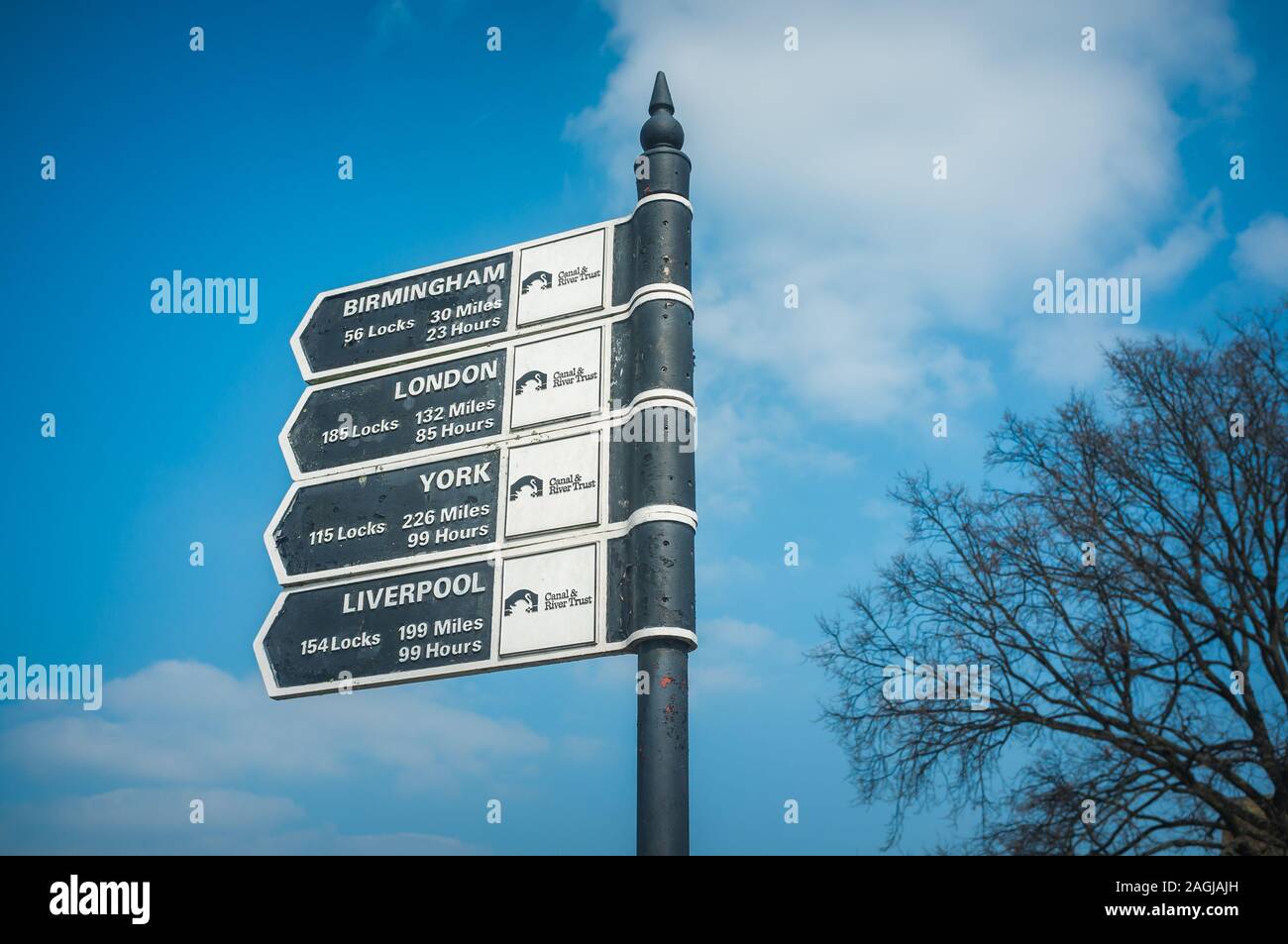 Signpost showing distances from Stratford upon Avon, UK, on the Stratford Canal Stock Photo