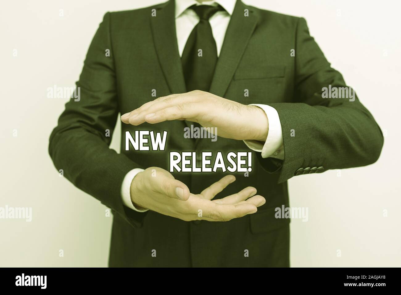 Handwriting text writing New Release. Conceptual photo announcing something newsworthy recent product Male human with beard wear formal working suit c Stock Photo