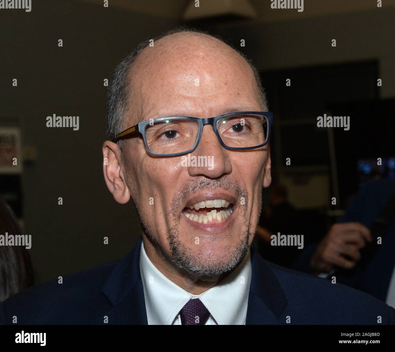 Los Angeles, United States. 19th Dec, 2019. Chair of the Democratic National Committee Tom Perez speaks with reporters prior to the sixth Democratic presidential debate at Loyola Marymount University on Thursday, December 19, 2019 in Los Angeles. Photo by Jim RuymenUPI Credit: UPI/Alamy Live News Stock Photo