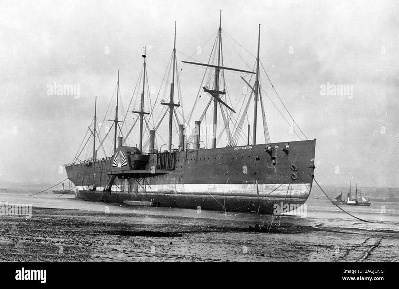 SS Great Eastern, apparently beached to be broken up at Rock Ferry, circa 1889 Stock Photo