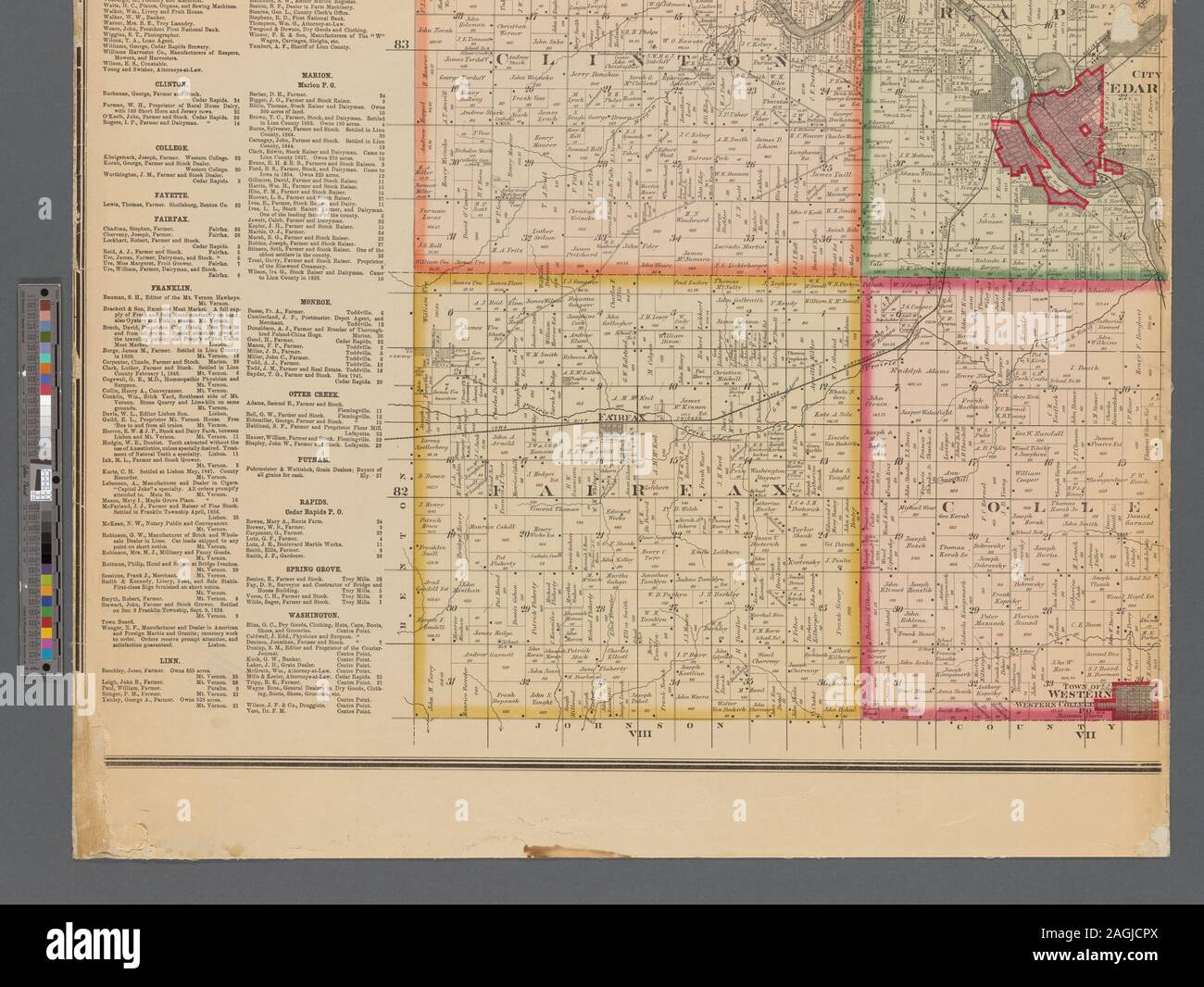 Shows townships, property boundaries, and owners' names. Includes list