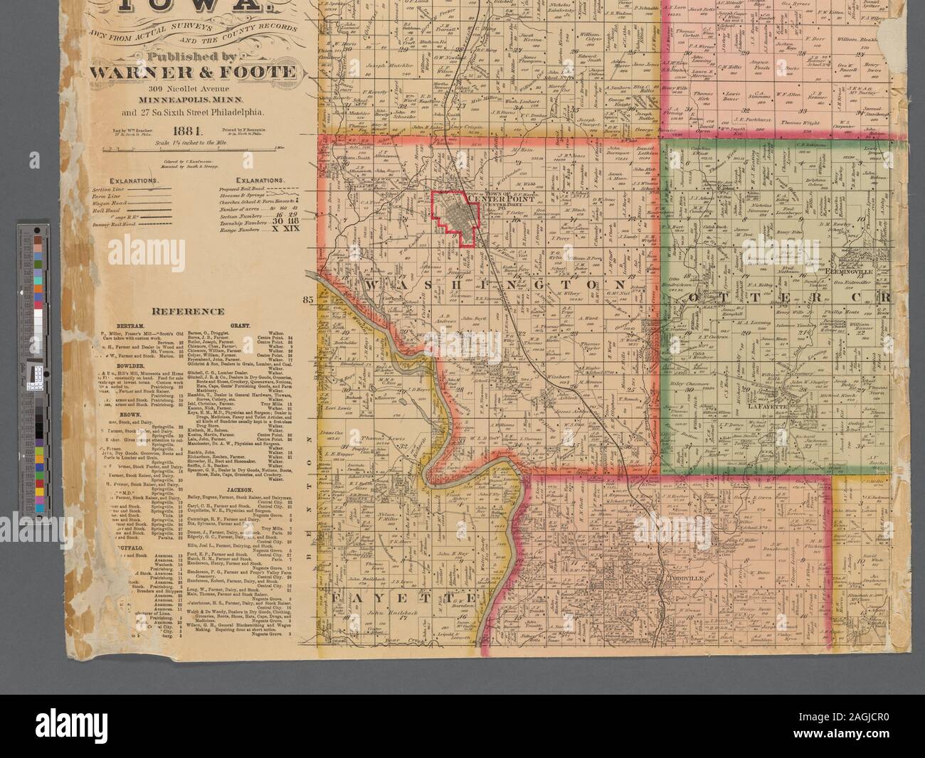 Shows townships, property boundaries, and owners' names. Includes list