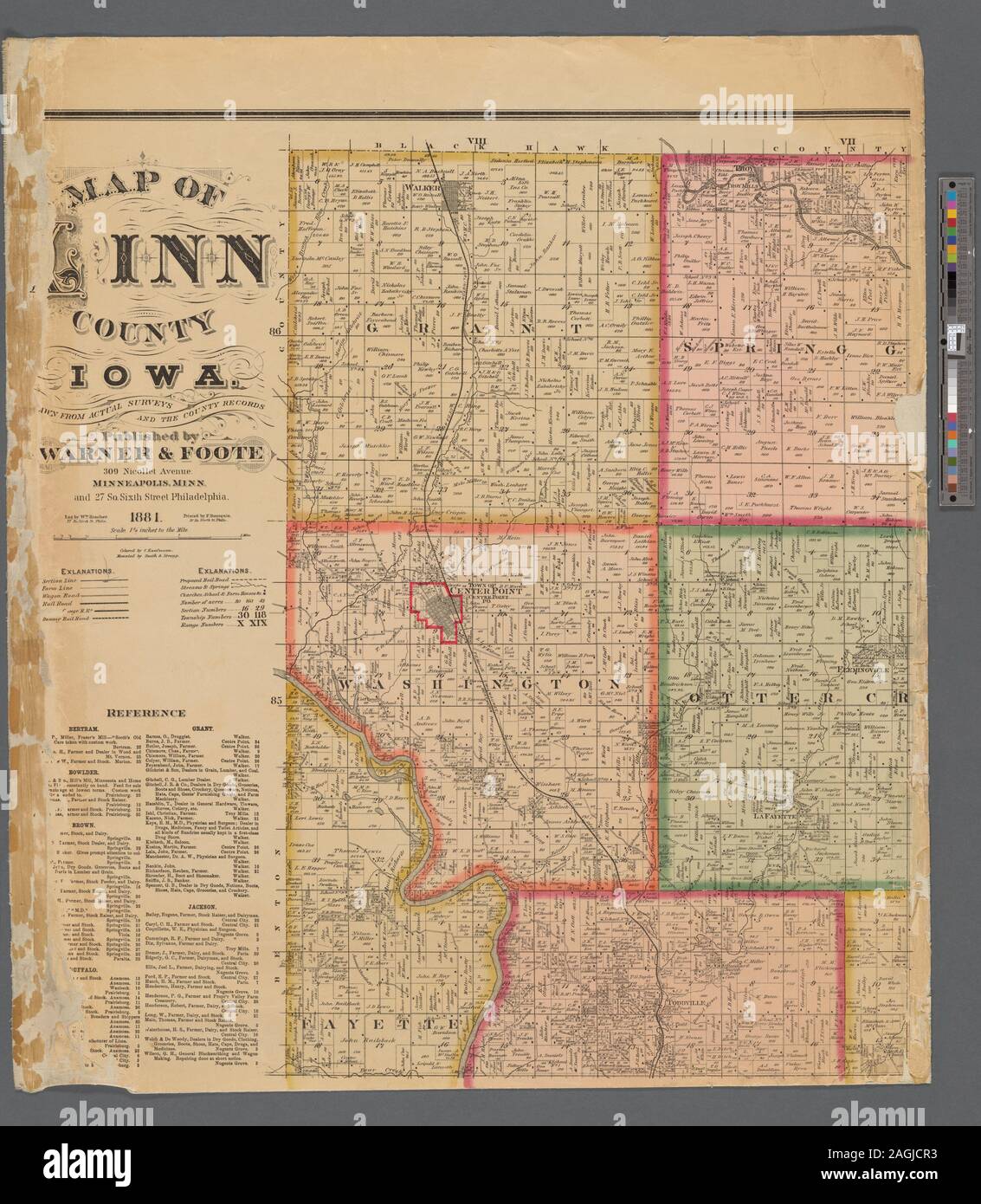 Shows townships, property boundaries, and owners' names. Includes list