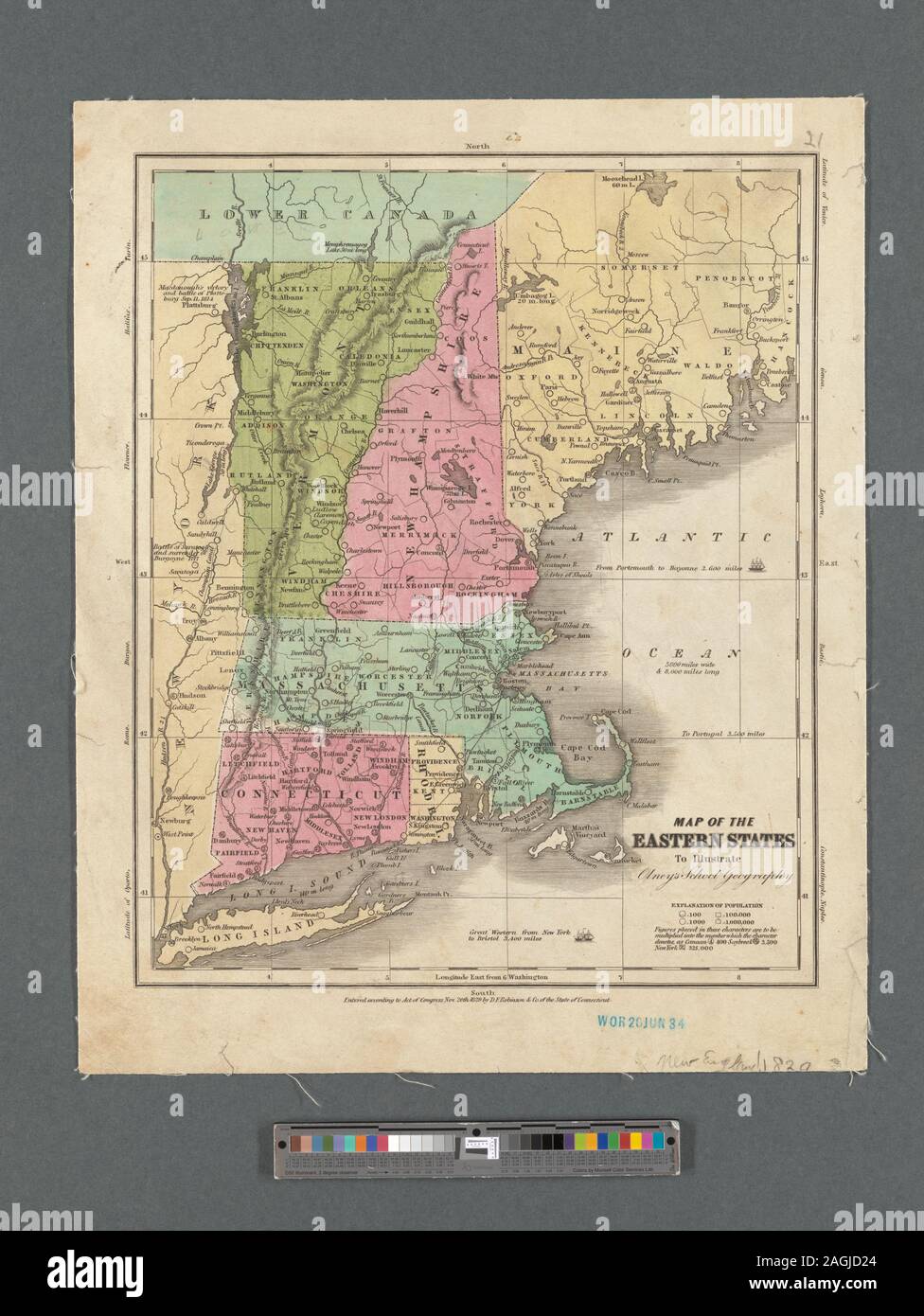 Relief shown by hachures. Shows counties, cities, and major transportation routes in New England states; shows battlefields in adjacent eastern New York state. Includes explanation of population, waterbody dimensions, and distances. Prime meridian: Washington. In margins: North, East, South, West; names of cities on same line of latitude. Mapping the Nation (NEH grant, 2015-2018); Map of the Eastern States Stock Photo