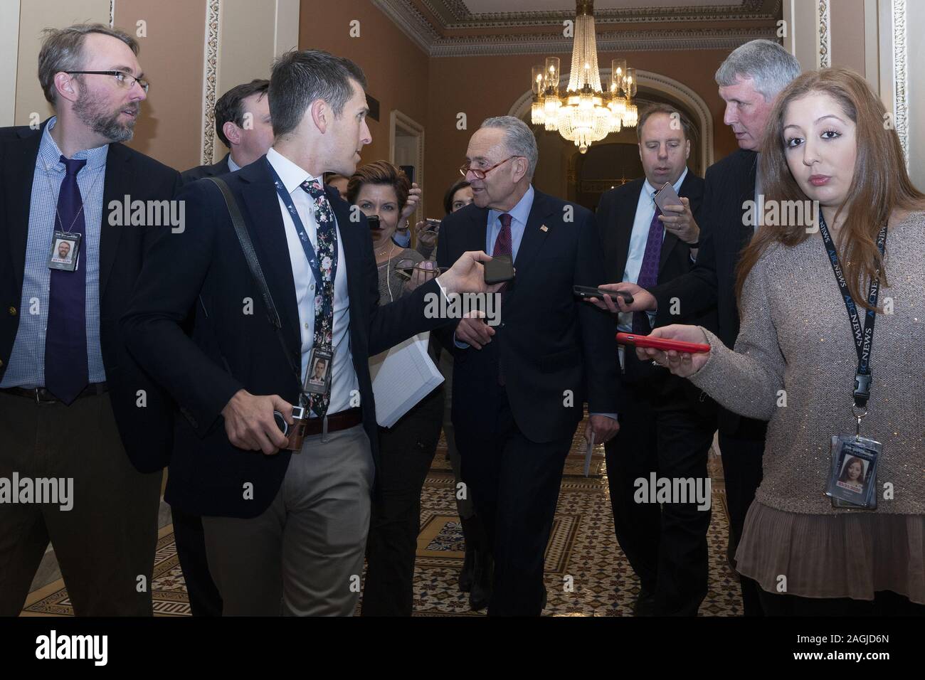 Washington, District of Columbia, USA. 19th Dec, 2019. United States Senate Minority Leader Chuck Schumer (Democrat of New York) speaks to members of the media after leaving a meeting with Speaker of the United States House of Representatives Nancy Pelosi (Democrat of California) in her office on Capitol Hill in Washington, DC, U.S., on Thursday, December 19, 2019. Last night, the United States House of Representatives approved two articles of impeachment against United States President Donald J. Trump. Credit: Stefani Reynolds/CNP/ZUMA Wire/Alamy Live News Stock Photo