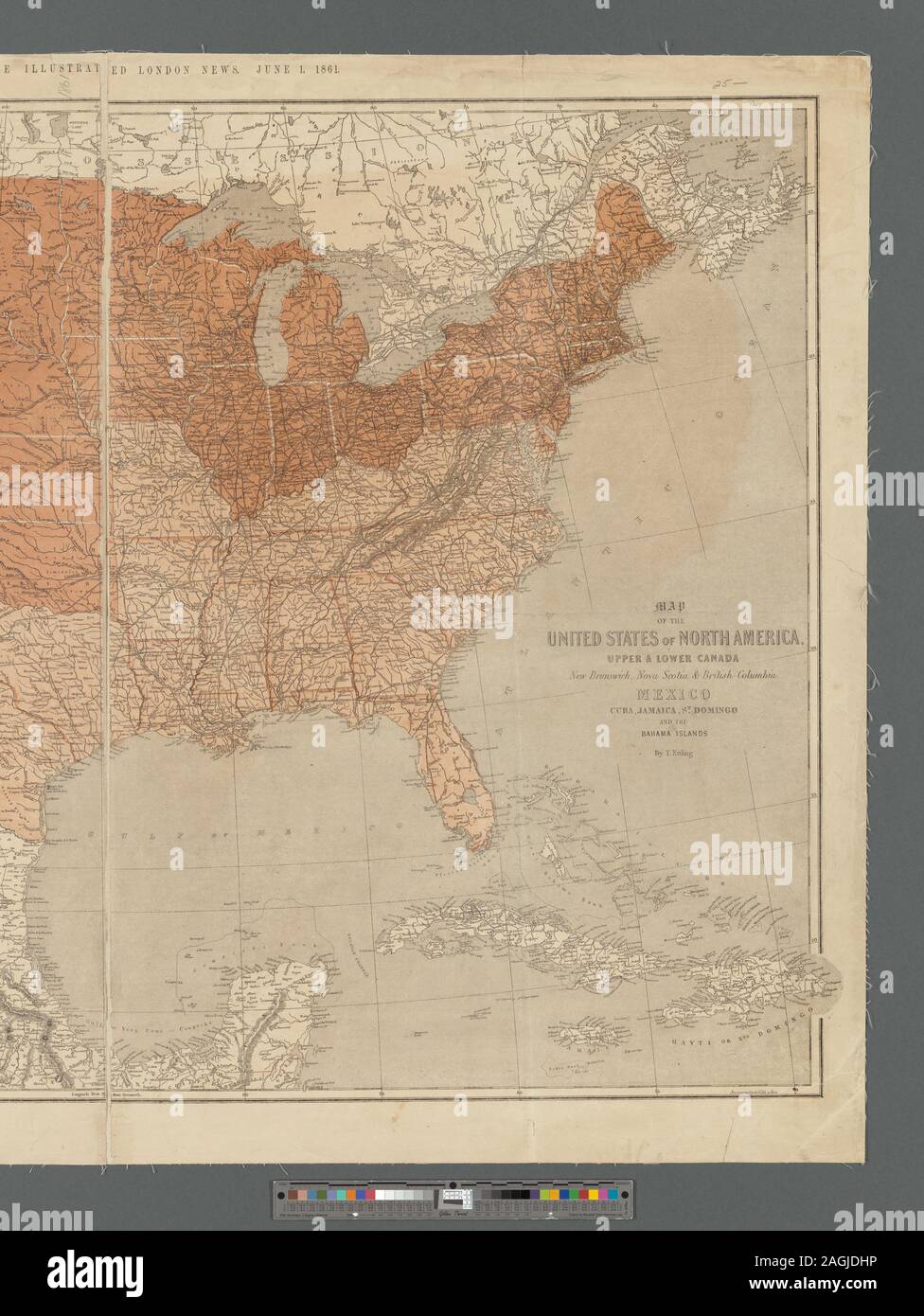 Relief shown by hachures. At top of map: Supplement to the Illustrated London News, June 1, 1861. General map showing state and international boundaries, railroads, cities, rivers, and relief by hachures. Two colors are used to differentiate between Union and Confederate states. Includes inset covering southern Mexico. Mapping the Nation (NEH grant, 2015-2018); Map of the United States of North America, Upper & Lower Canada, New Brunswick, Nova Scotia & British Columbia. Mexico, Cuba, Jamaica, St. Domingo and the Bahama Islands Stock Photo