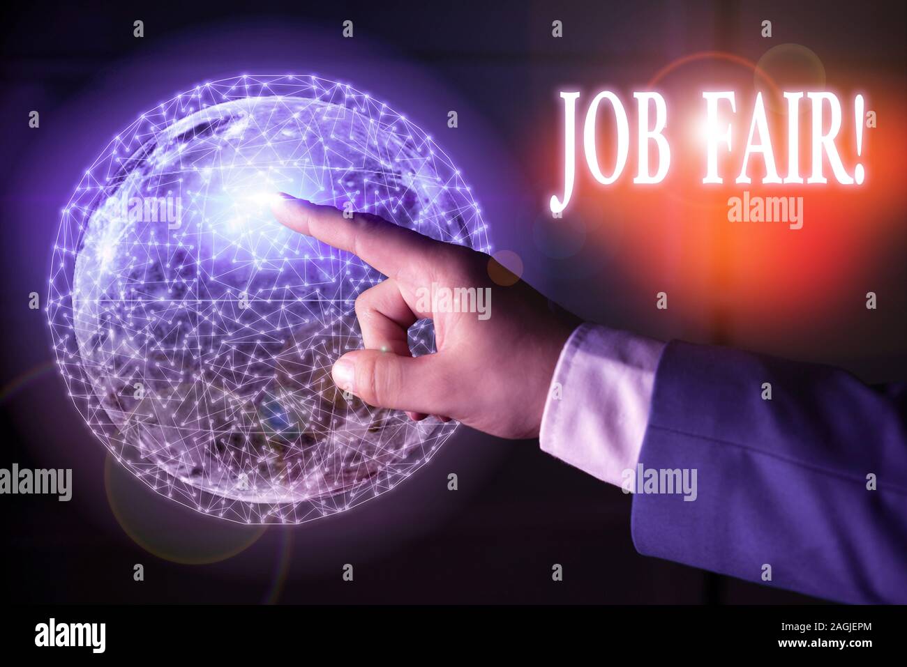 Text sign showing Job Fair. Business photo text event where employers offer information about their companies Elements of this image furnished by NASA Stock Photo