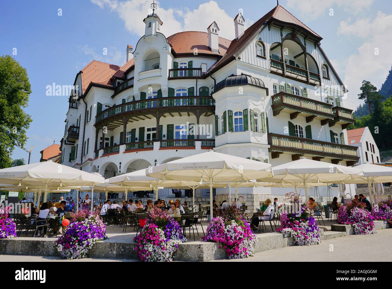 Beautiful architecture of the majestic Alpenrose Am See Restaurant overlooking the lake where Mad King Ludwig's' castle is situated. Stock Photo
