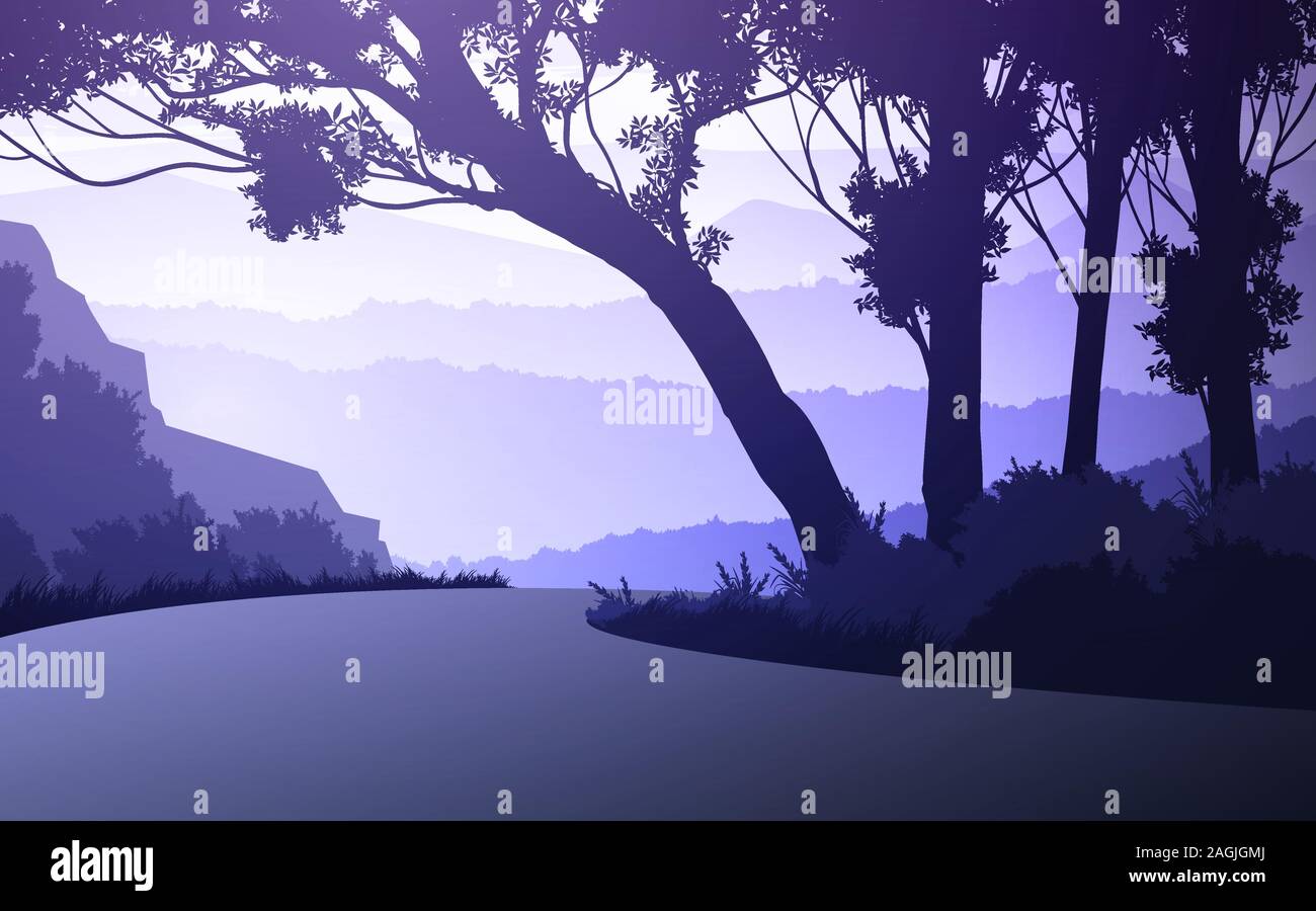 Natural forest trees mountains horizon hills and the route Sunrise and  sunset Landscape wallpaper Illustration vector style Colorful view  background Stock Vector Image & Art - Alamy