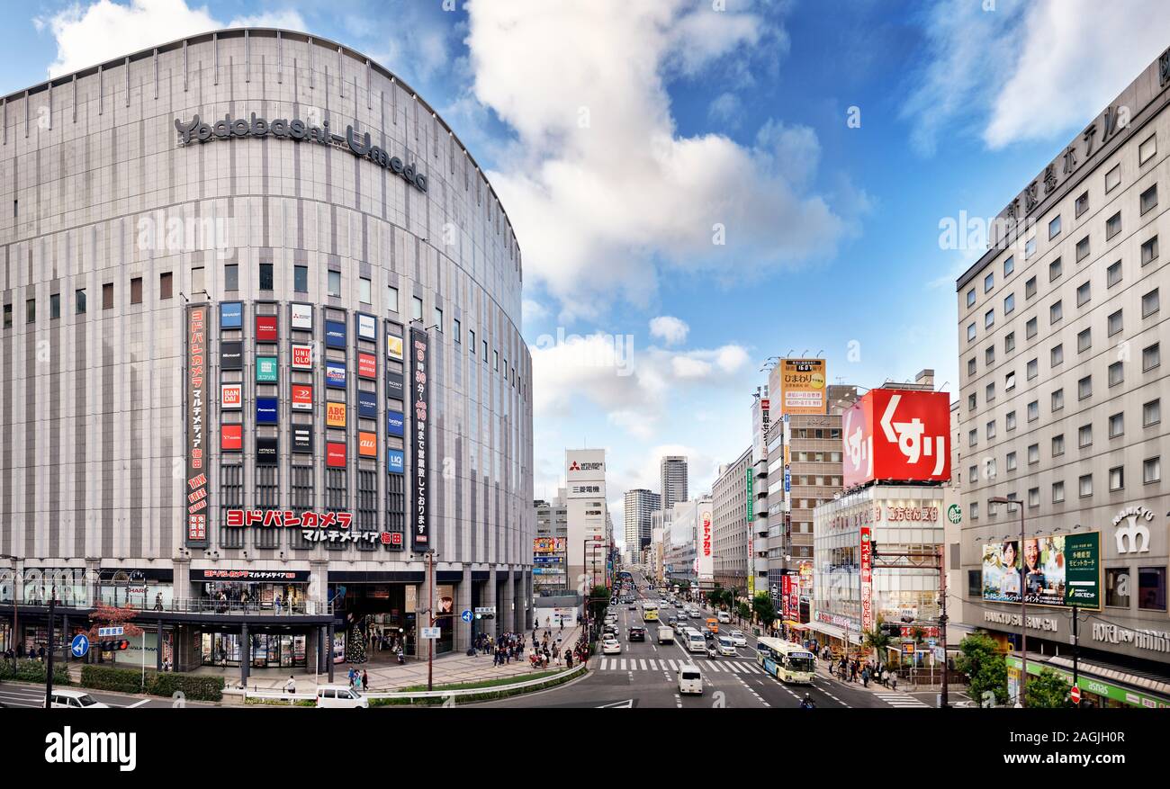 Yodobashi-Umeda, Yodobashi Camera large electronics department store in Osaka, Japan 2018. Panoramic city scenery at Osaka station. Stock Photo