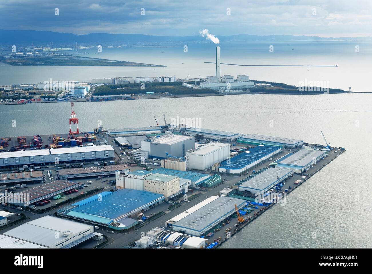 Aerial scenery of Kansai Electric Power Nanko Power Plant, Nuclear power plant in Osaka Bay, Osaka, Japan, 2018. Stock Photo
