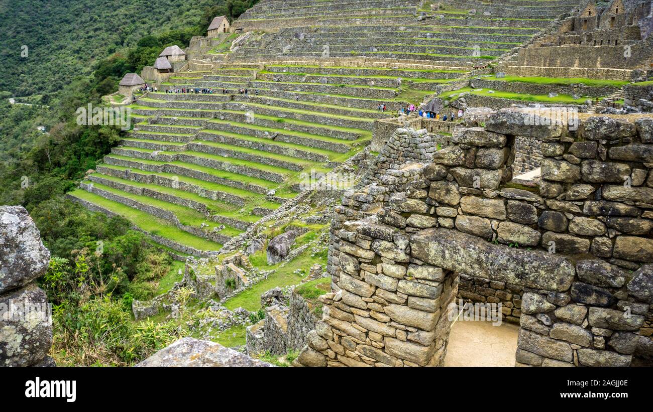 The terraces or agricultural platforms of the Inca Empire, Machu Picchu Cusco Stock Photo