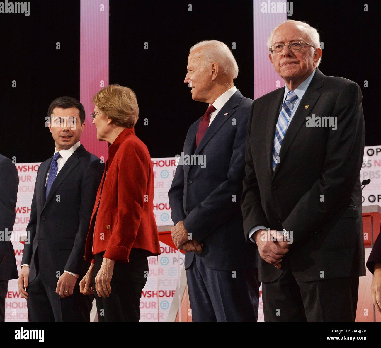 Los Angeles, United States. 19th Dec, 2019. Candidates take the stage for the sixth Democratic presidential debate at Loyola Marymount University on Thursday, December 19, 2019 in Los Angeles. South Bend, Ind., Mayor Pete Buttigieg, Massachusetts Sen. Elizabeth Warren, former Vice President Joe Biden and Vermont Sen. Bernie Sanders (L-R) are introduced prior to the PBS Newshour and Politico co-hosted debate on Thursday, December 19, 2019. Photo by Jim RuymenUPI Credit: UPI/Alamy Live News Stock Photo