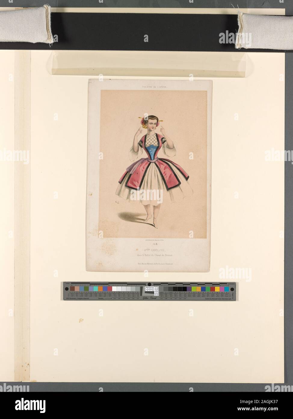 Caroline Dominique in the divertissement introduced in the opera Le cheval de bronze, Paris Opéra, Sept. 21, 1857.  Full length to front, looking right, left foot forward, index finger of each hand pointing upward; wearing a panniered skirt.; Melle Caroline, dans le ballet du Cheval de bronze. Stock Photo