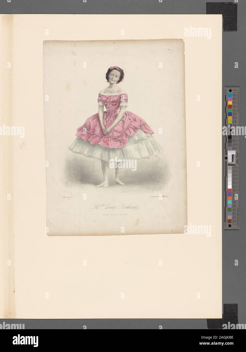 Mérante full-length to front, head inclined slightly to right, hands clasped in front, left foot forward.; Melle. Zina Richard dans Marco Spada. Stock Photo