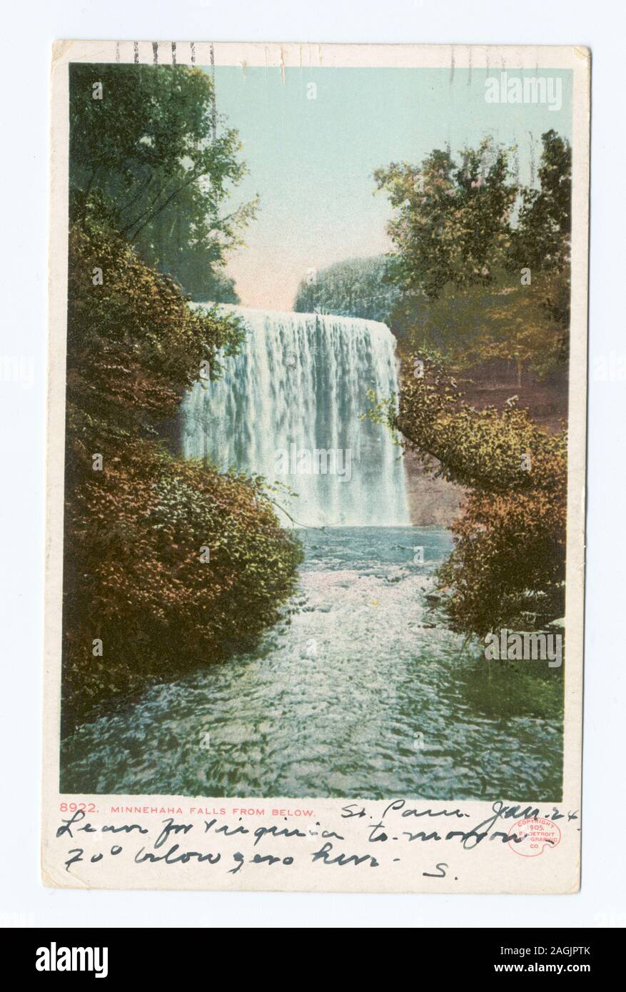 Postcard series number: 8922 Last series bearing Detroit Photographic Company imprint.; Minnehaha Falls from below, Minnesota Stock Photo