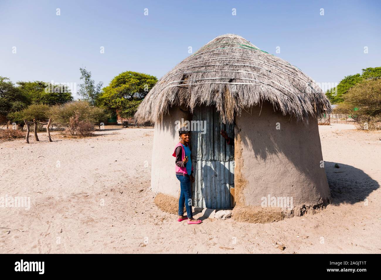 Woman at local house in small village Zere, Kalahari desert near Rakops, Central District, Botswana, Africa Stock Photo
