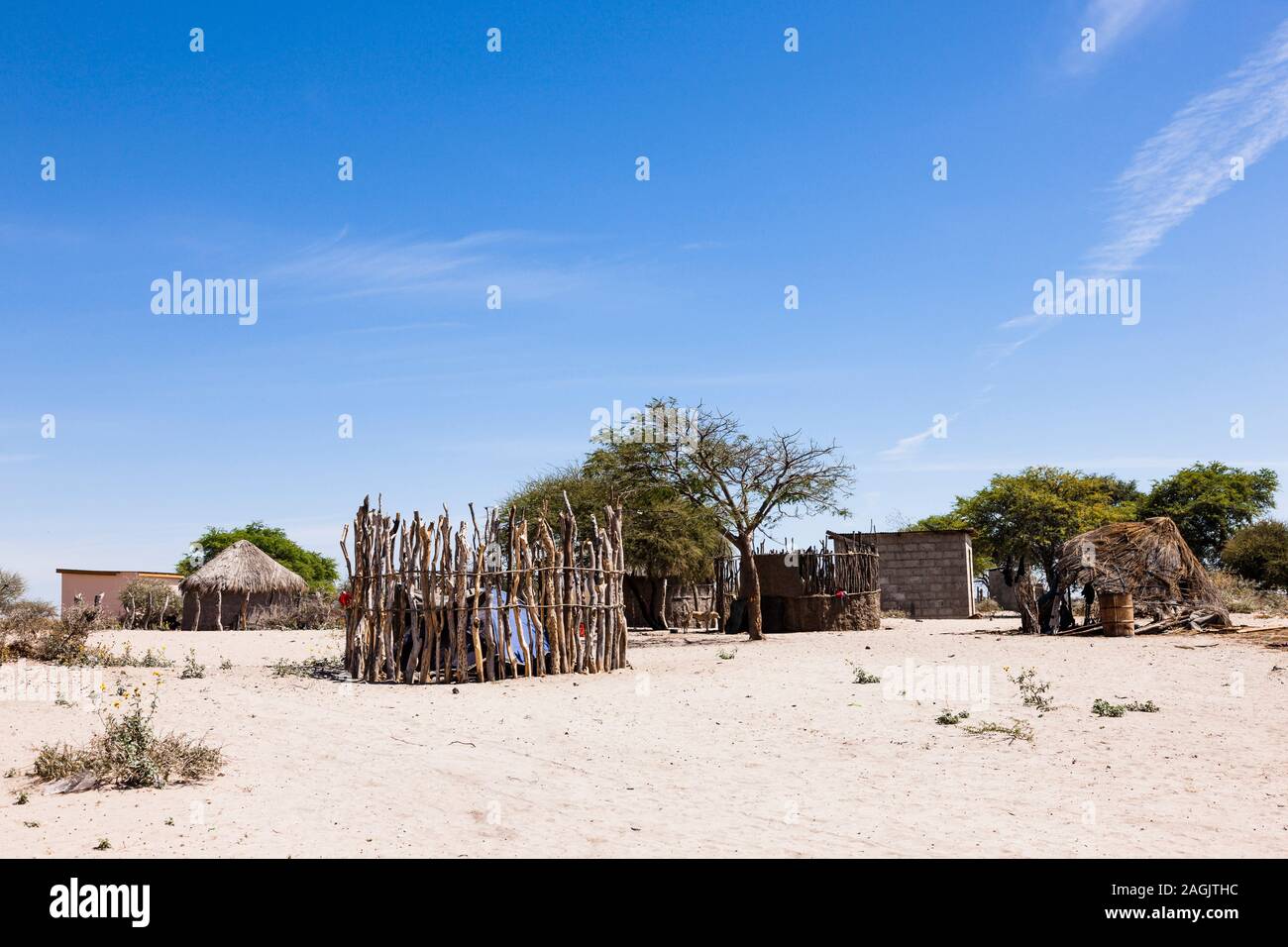 Local houses of small village Zere at Kalahari desert near Rakops, Central District, Botswana, Africa Stock Photo