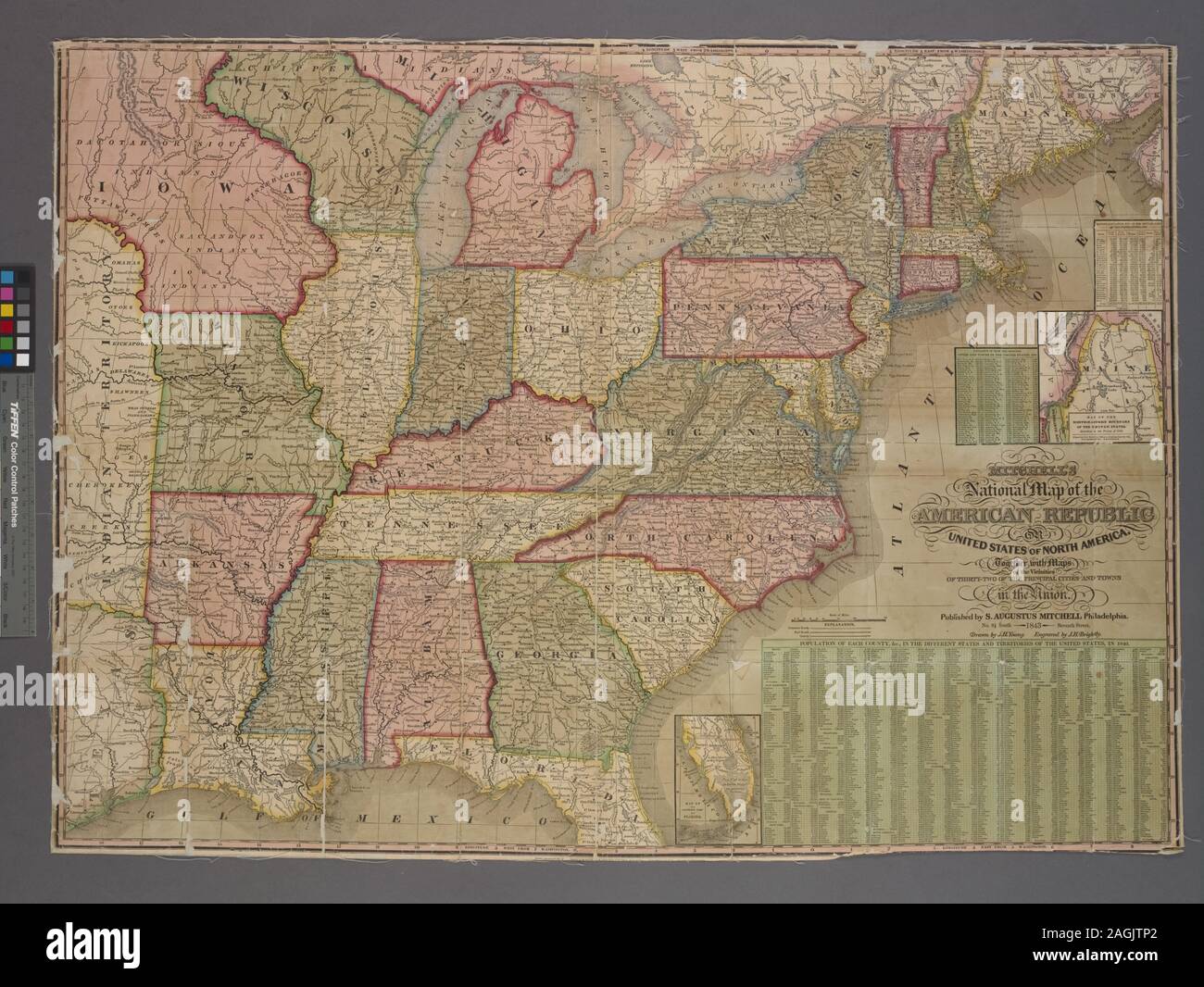 Citation/Reference: Phillips. Maps of America, p. 896 Entered according to A[ct of] Congress in the year 1843, by S. Augustus Mitchell, in the Clerk's Office of the District Court of Pennsylvania. Accompanied by a separate sheet with 32 ancillary maps of cities, with A concise view of the number, resources and industry of the American people. (62 x 85 cm.) Includes population statistics. Insets: Map of the North-Eastern boundary of the United States according to the treaty of 1842 -- Map of the Southern part of Florida. National Endowment for the Humanities Grant for Access to Early Maps of th Stock Photo