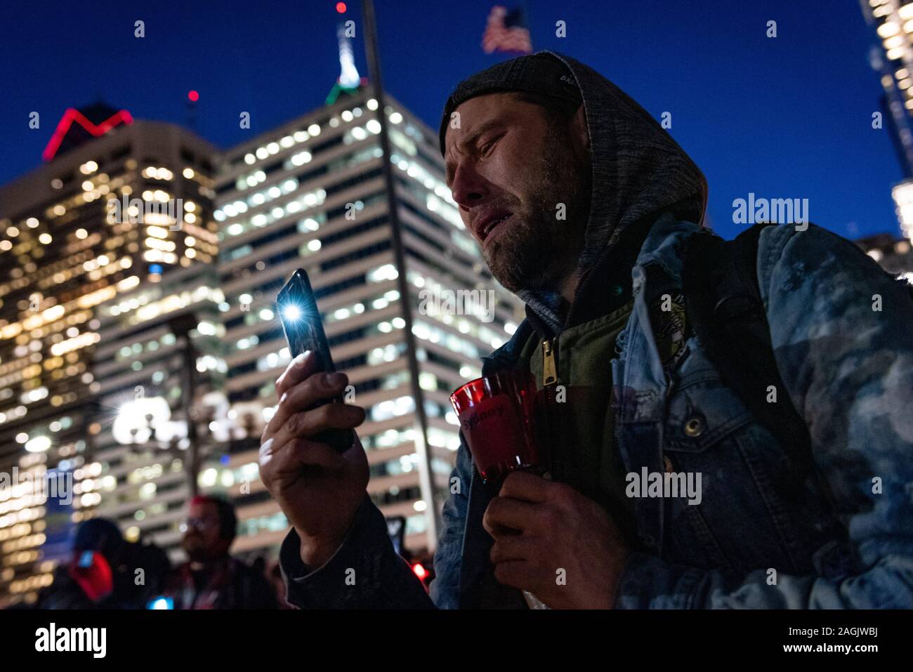Philadelphia, USA. 19th December, 2019. Philadelphians gathered in below freezing temperatures for an annual Homeless Memorial to honor the lives of street citizens who have died in the past year and called on all Americans to commit to ending homelessness. Credit: Chris Baker Evens / Alamy Live News. Stock Photo