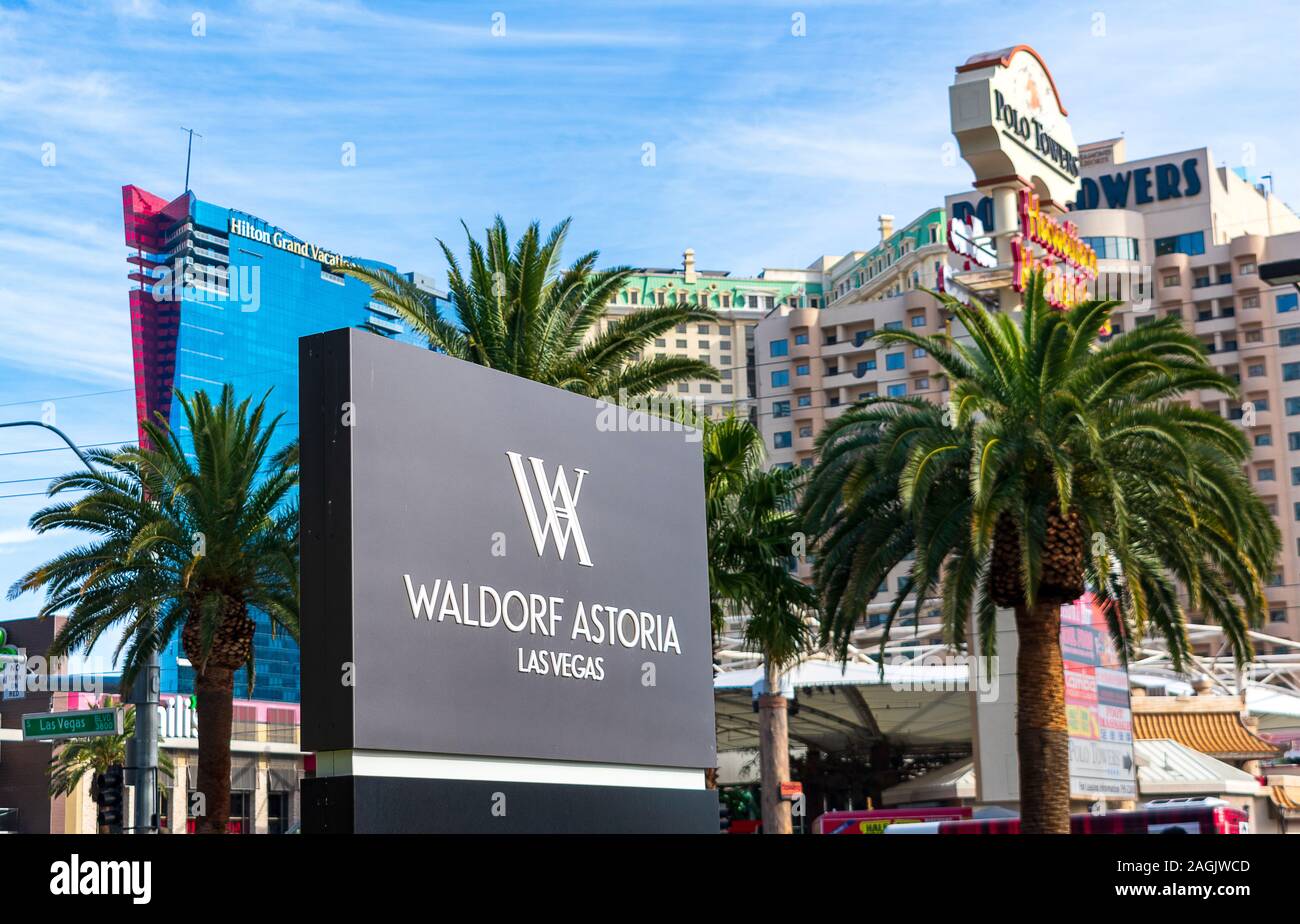 Waldorf Astoria luxury hotel on the Las Vegas Strip. Background Elara and Polo Towers hotels - Las Vegas, Nevada, USA - December, 2019 Stock Photo