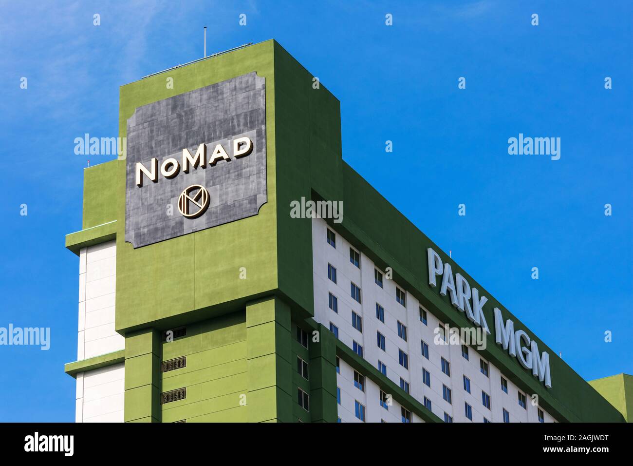 NoMad sign atop ultra luxury boutique hotel on the Las Vegas