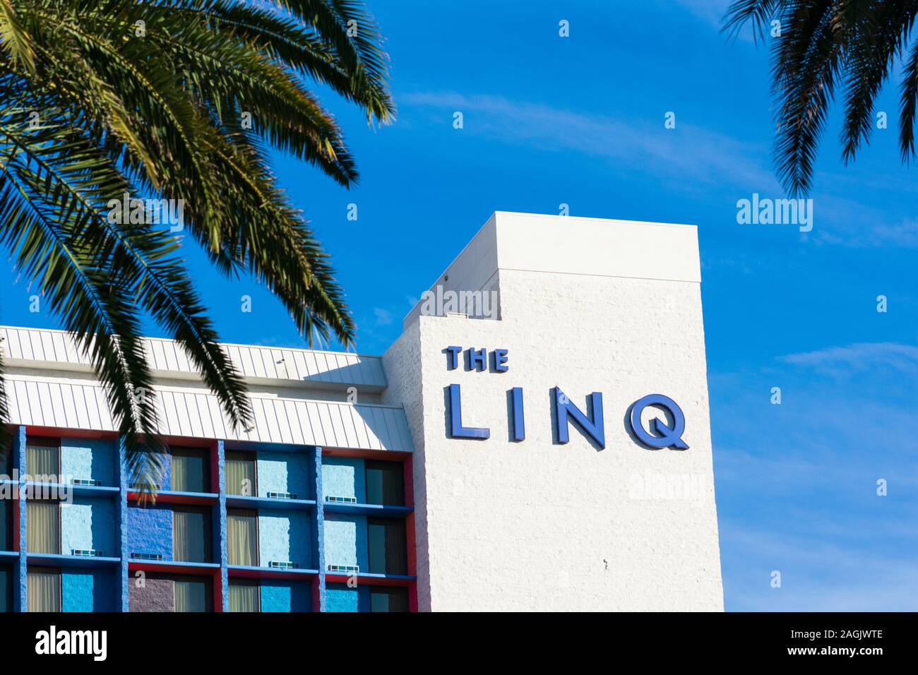 The LINQ hotel and casino resort sign as seen from Las Vegas Strip - Las Vegas, Nevada, USA - December, 2019 Stock Photo