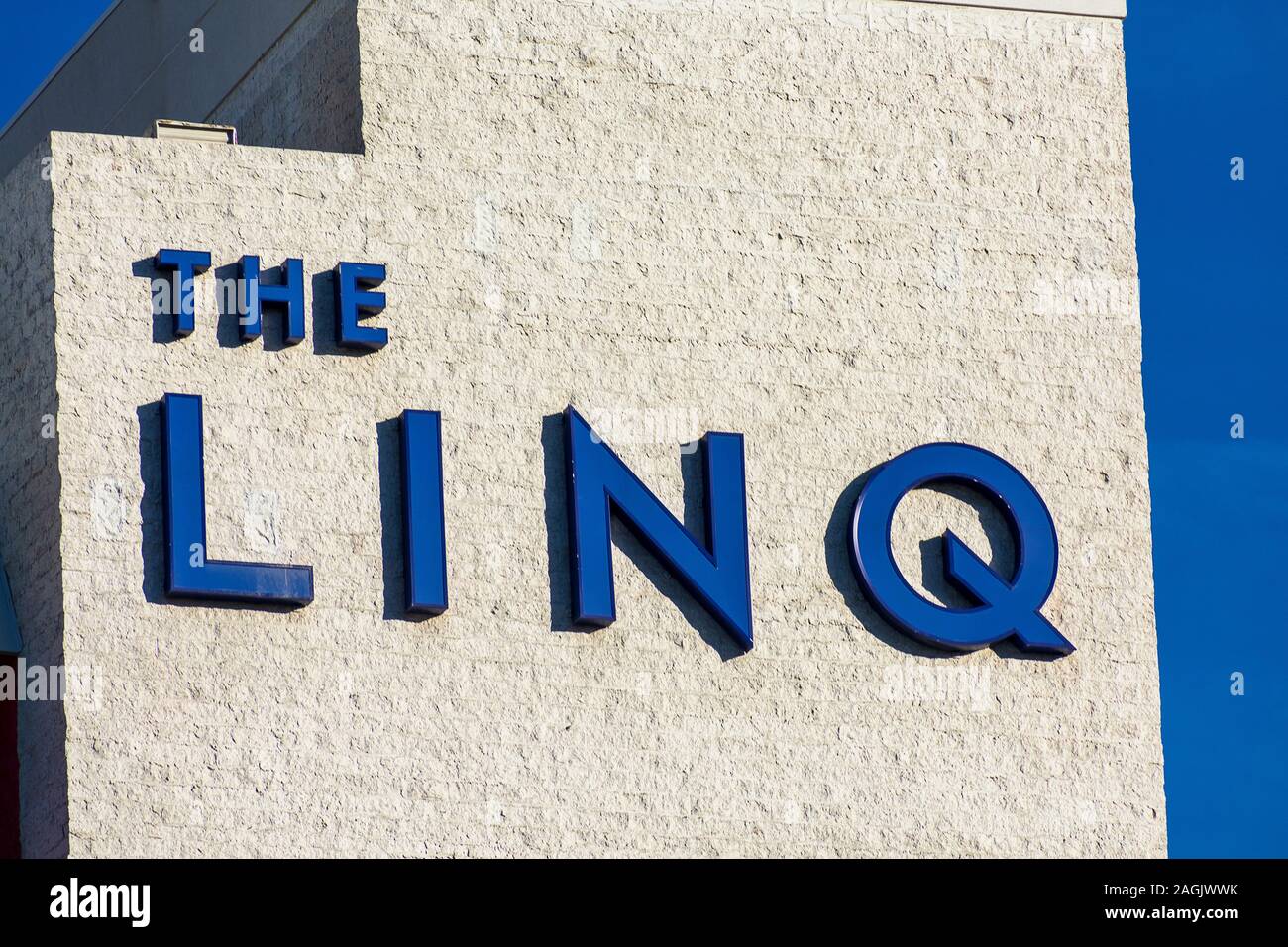 The LINQ hotel and casino resort sign as seen from Las Vegas Strip - Las Vegas, Nevada, USA - December, 2019 Stock Photo