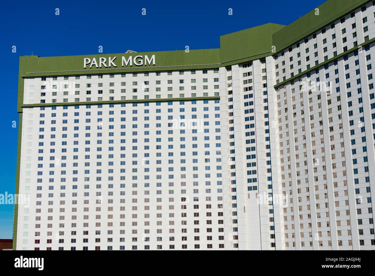 Exterior facade view of Park MGM hotel, casino, entertainment and shopping promenade - Las Vegas, Nevada, USA - December, 2019 Stock Photo