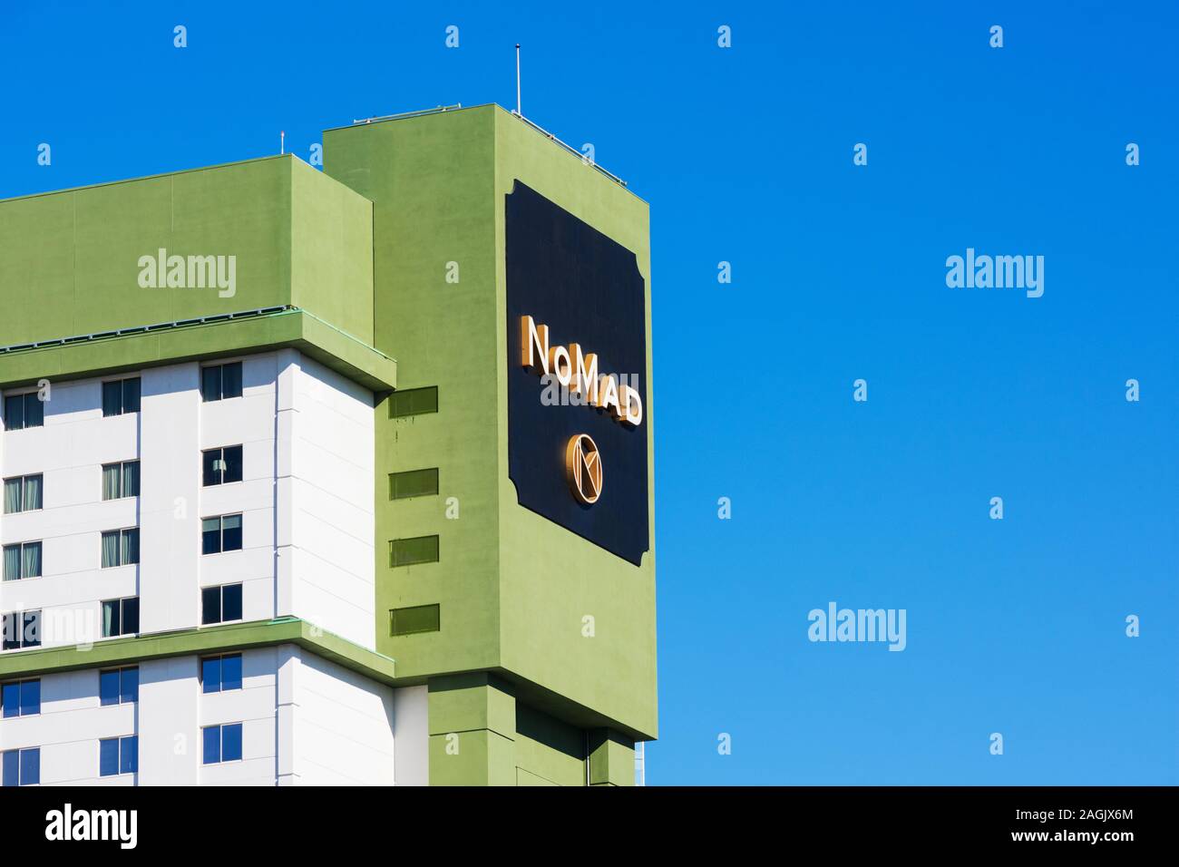 NoMad sign atop ultraluxury, boutique hotel on the Las Vegas Strip