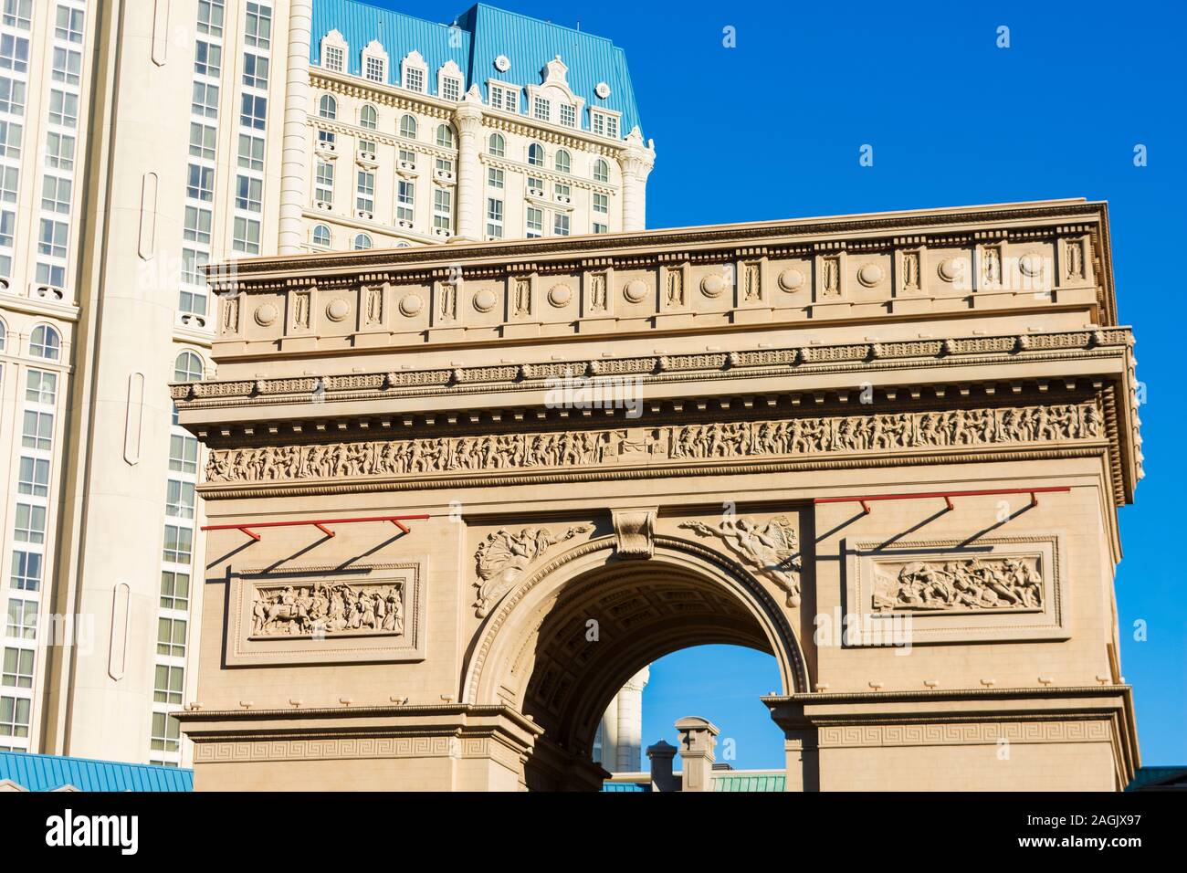 Paris luxury hotel and casino high rise tower and a two-thirds size Arc de Triomphe - Las Vegas, Nevada, USA - December, 2019 Stock Photo