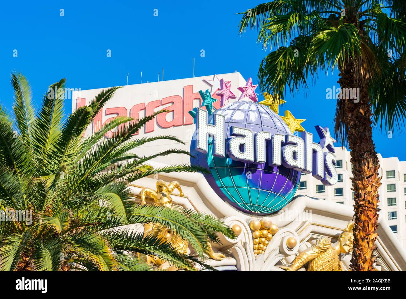 Harrah's hotel and casino resort sign as seen from Las Vegas Strip