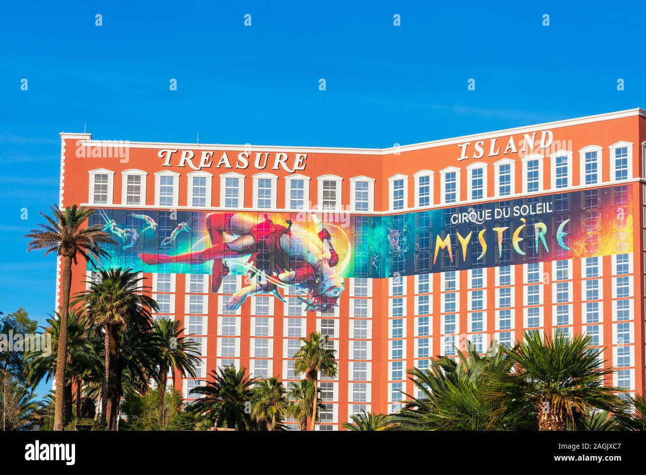 Treasure Island luxury hotel and casino resort facade and exterior on sunny day as seen from Las Vegas Strip - Las Vegas, Nevada, USA - December, 2019 Stock Photo
