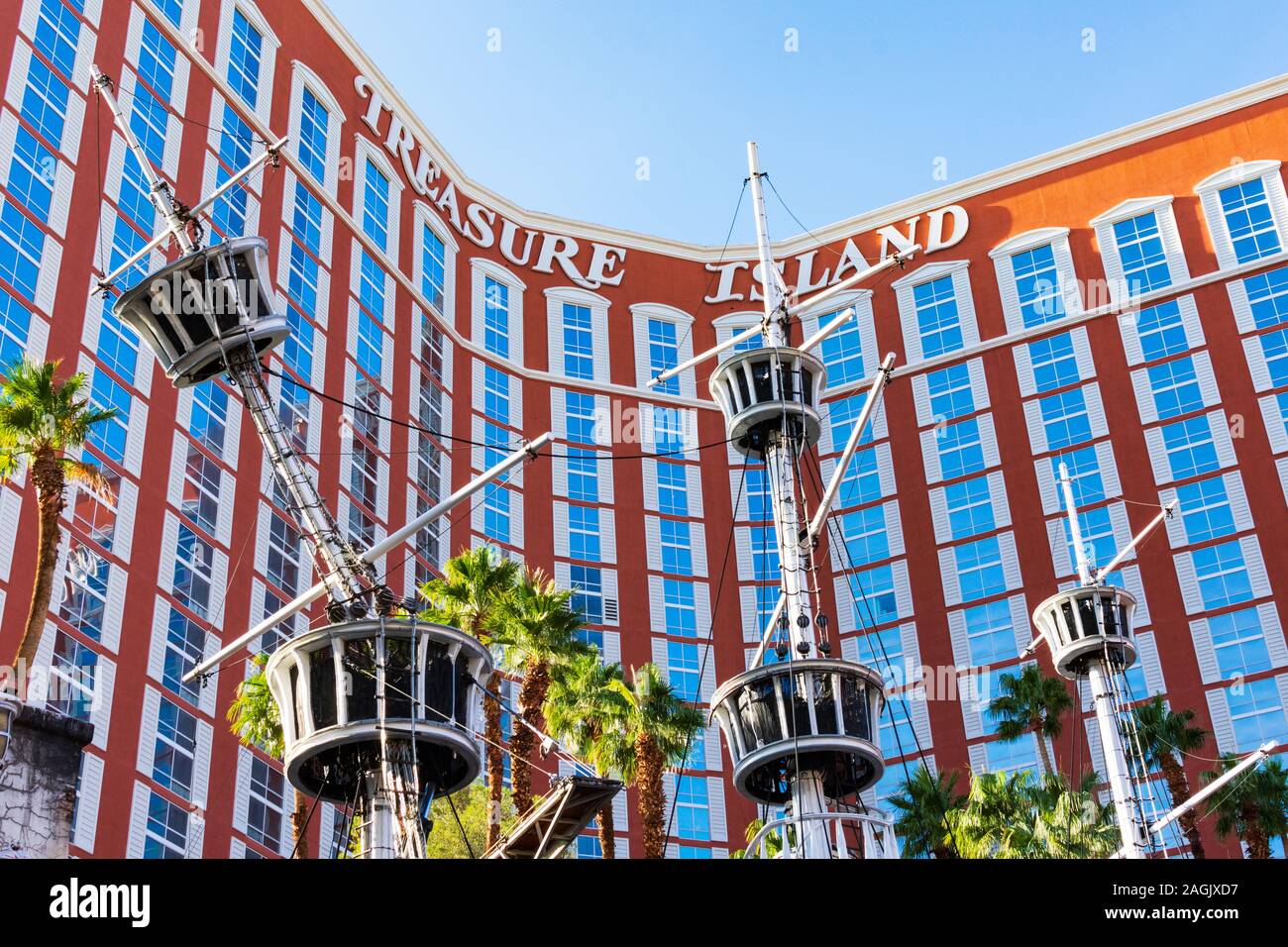 Pirate ship mast at Treasure Island hotel and casino as seen from Las Vegas Strip - Las Vegas, Nevada, USA - December, 2019 Stock Photo