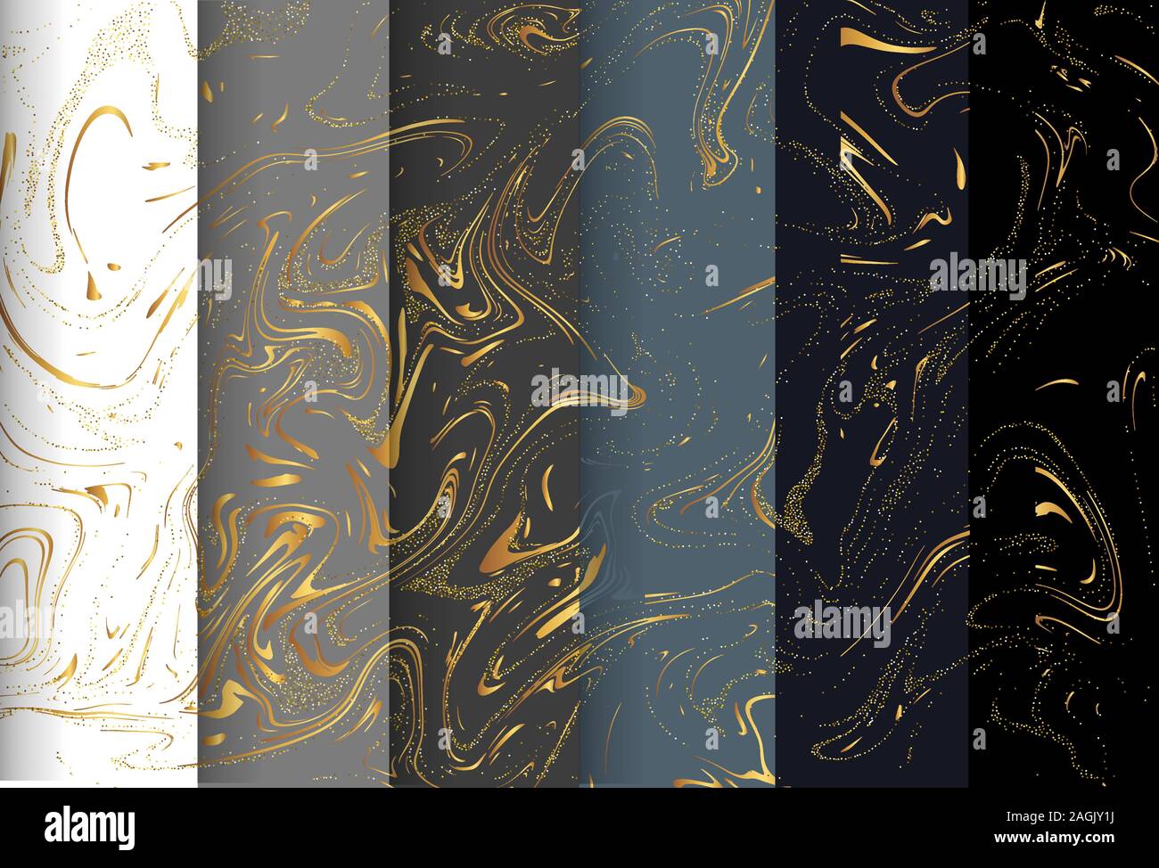 Set of luxury textures. Golden stains of marble paint on a gray background. Stock Vector