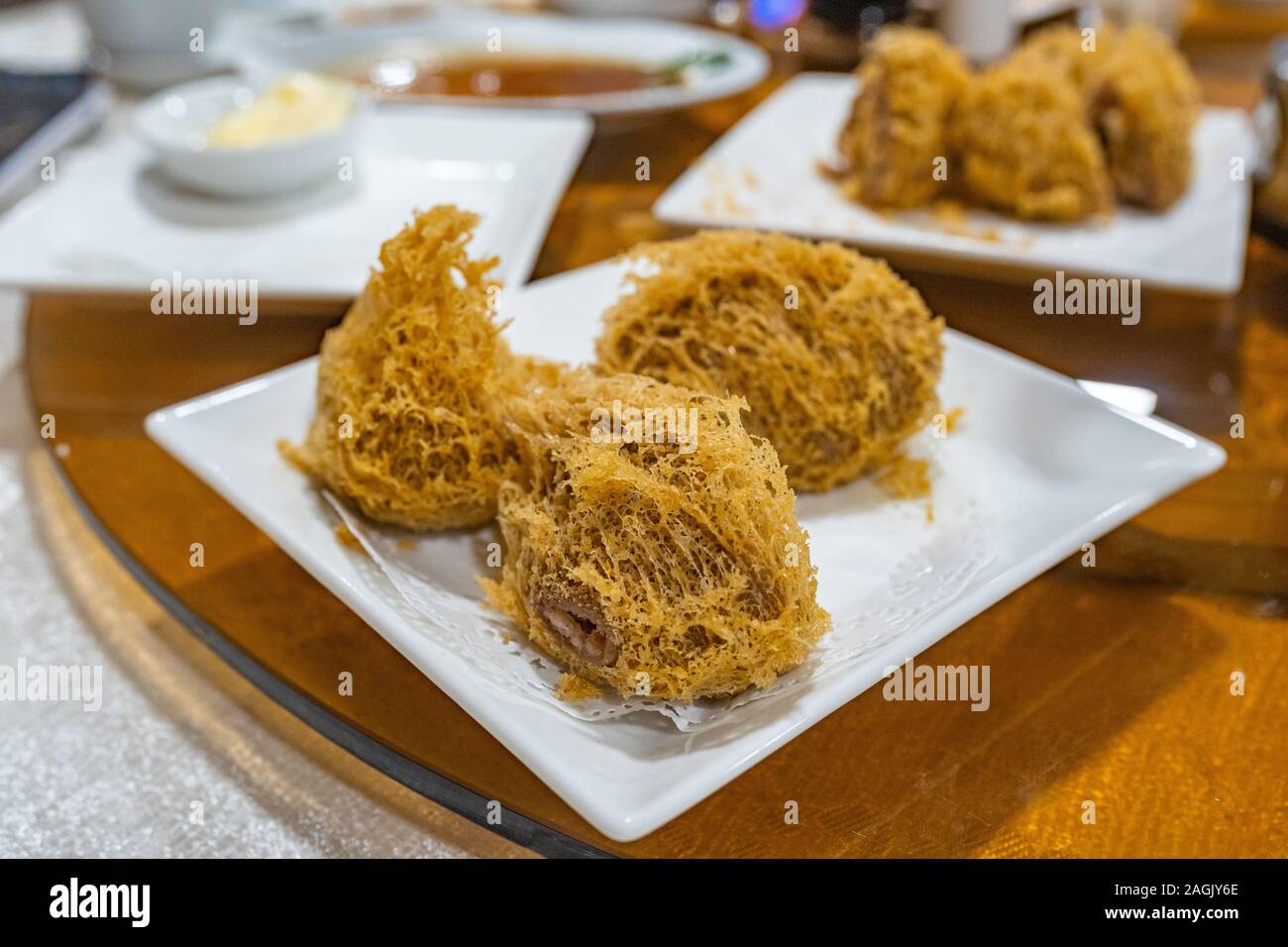 Crispy deepfried taro dumpling served in Hong Kong dimsum restaurant
