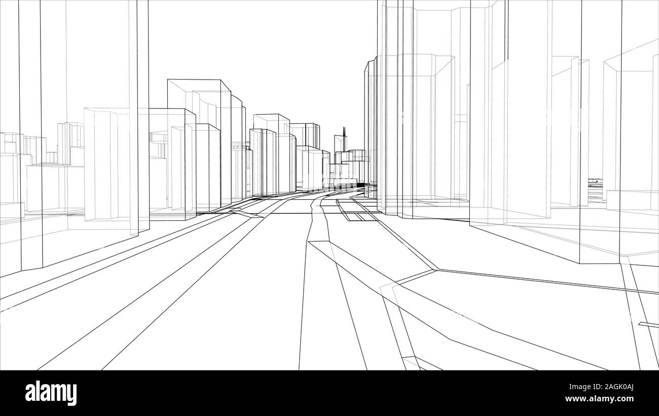 A schematic drawing or sketch of a 3D city with buildings and roads