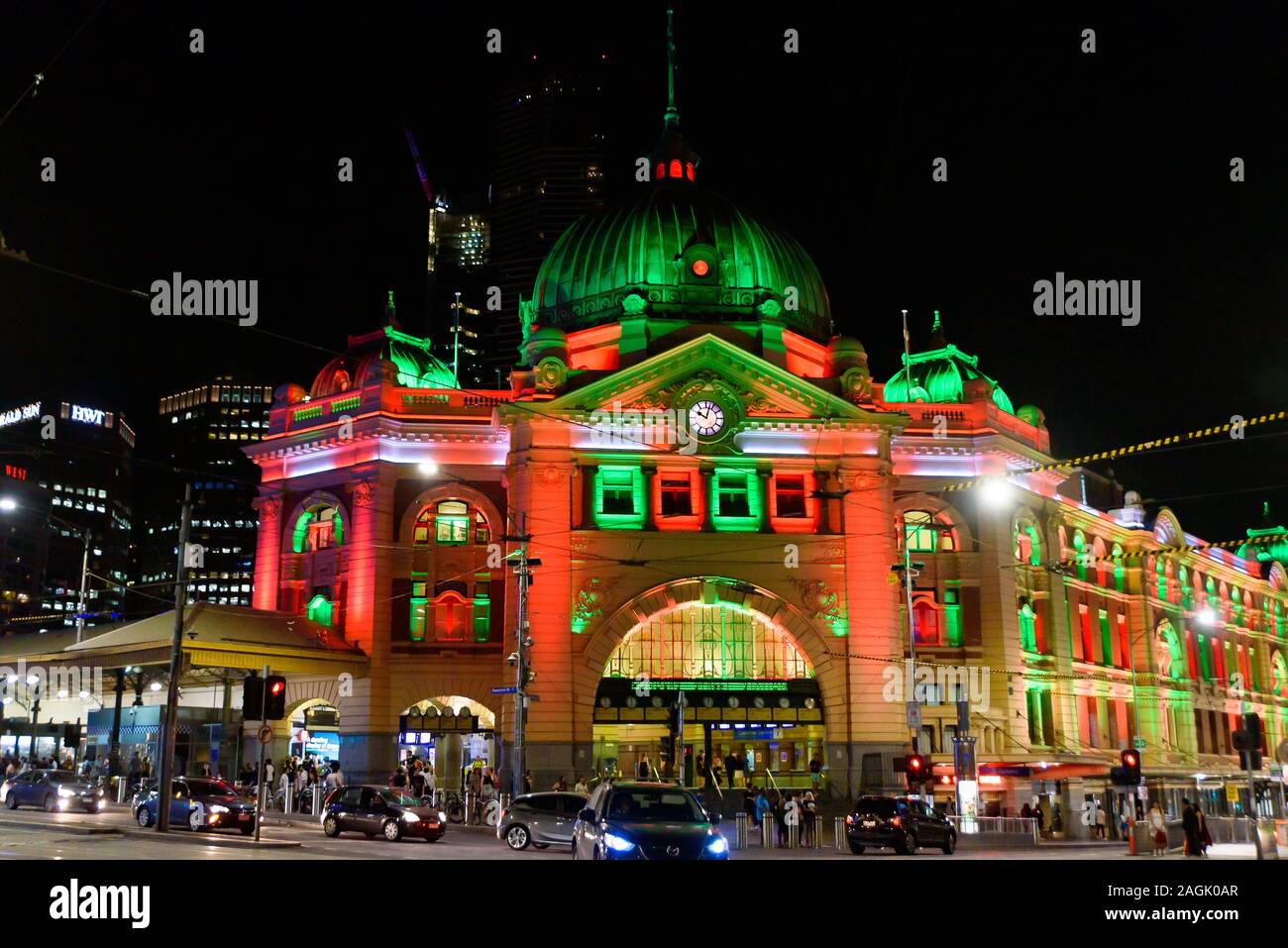 Flinders Street railway station with Christmas light projection in Melbourne, Australia Stock Photo