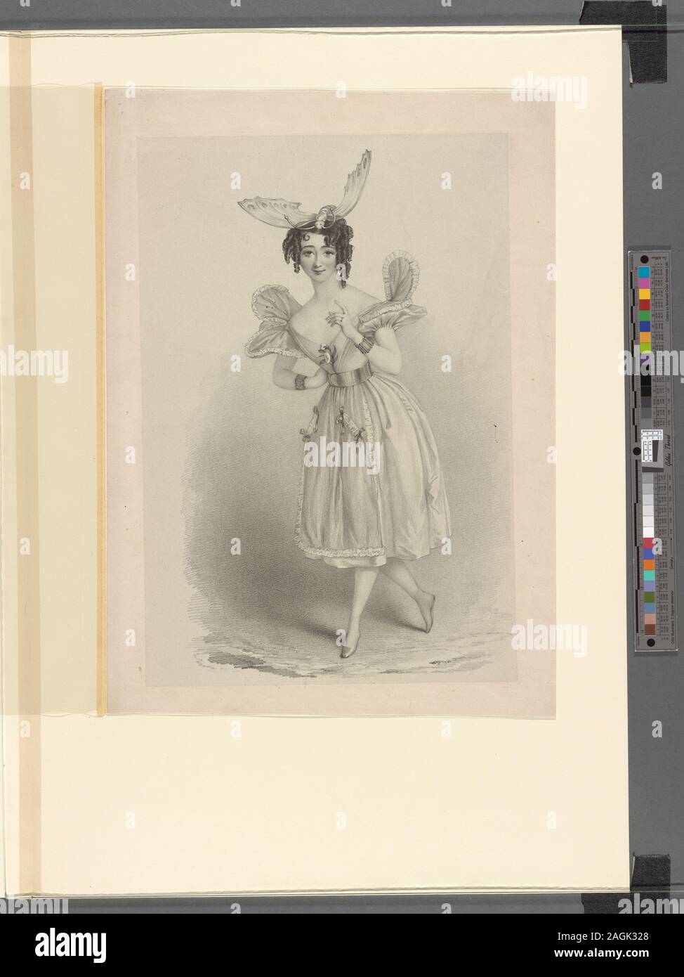Full length with her left foot forward, right foot extended back, left hand raised in an admonishing gesture, right hand at her waist; wearing a costume with elaborate wing-like sleeves and a butterfly as a headdress. Note: Psyche means butterfly in Greek.; Mrs. Honey as Psyche. Stock Photo